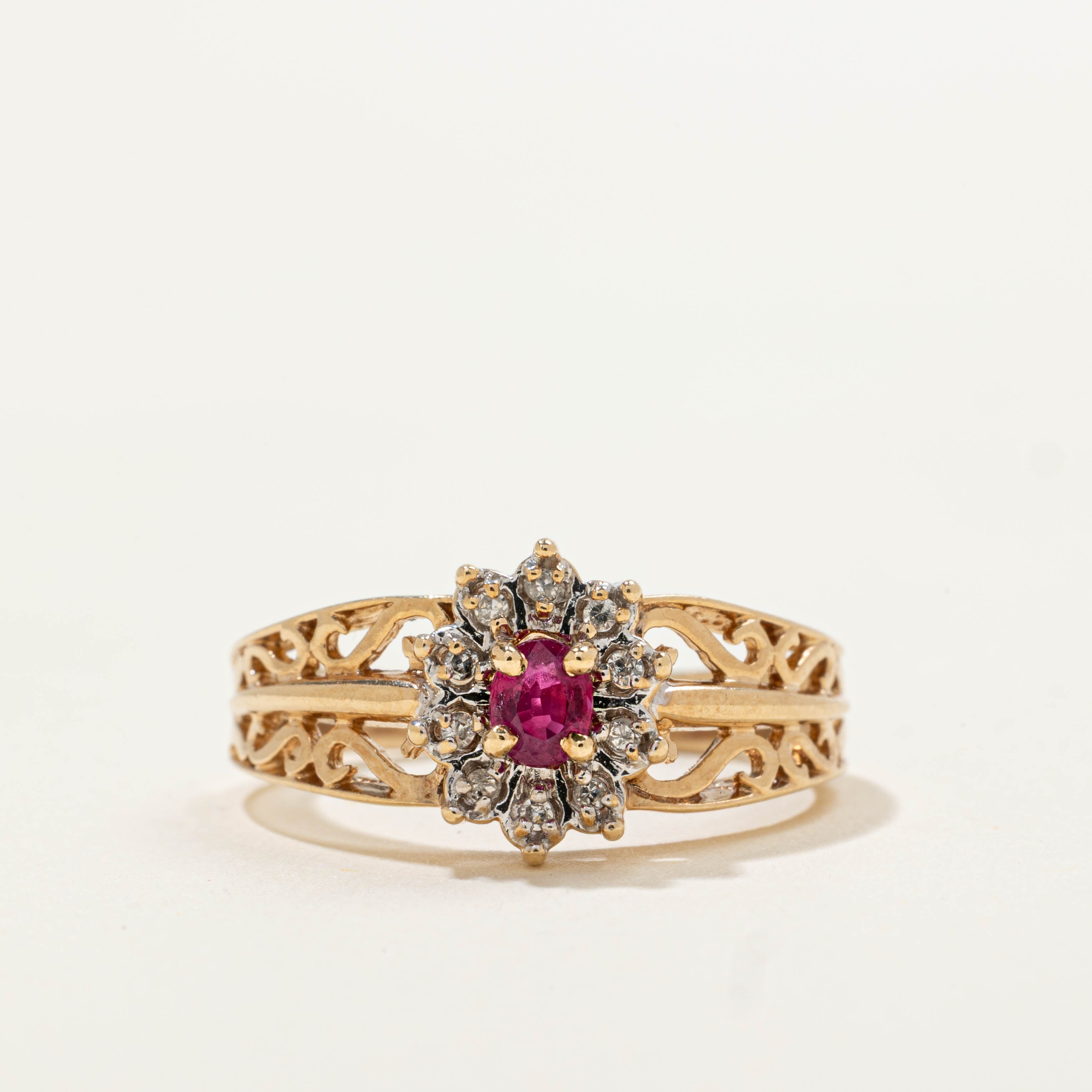 10k Ruby & Diamond Petal Halo Openwork Ring | 0.18ct, 0.05ctw | SZ 6.25