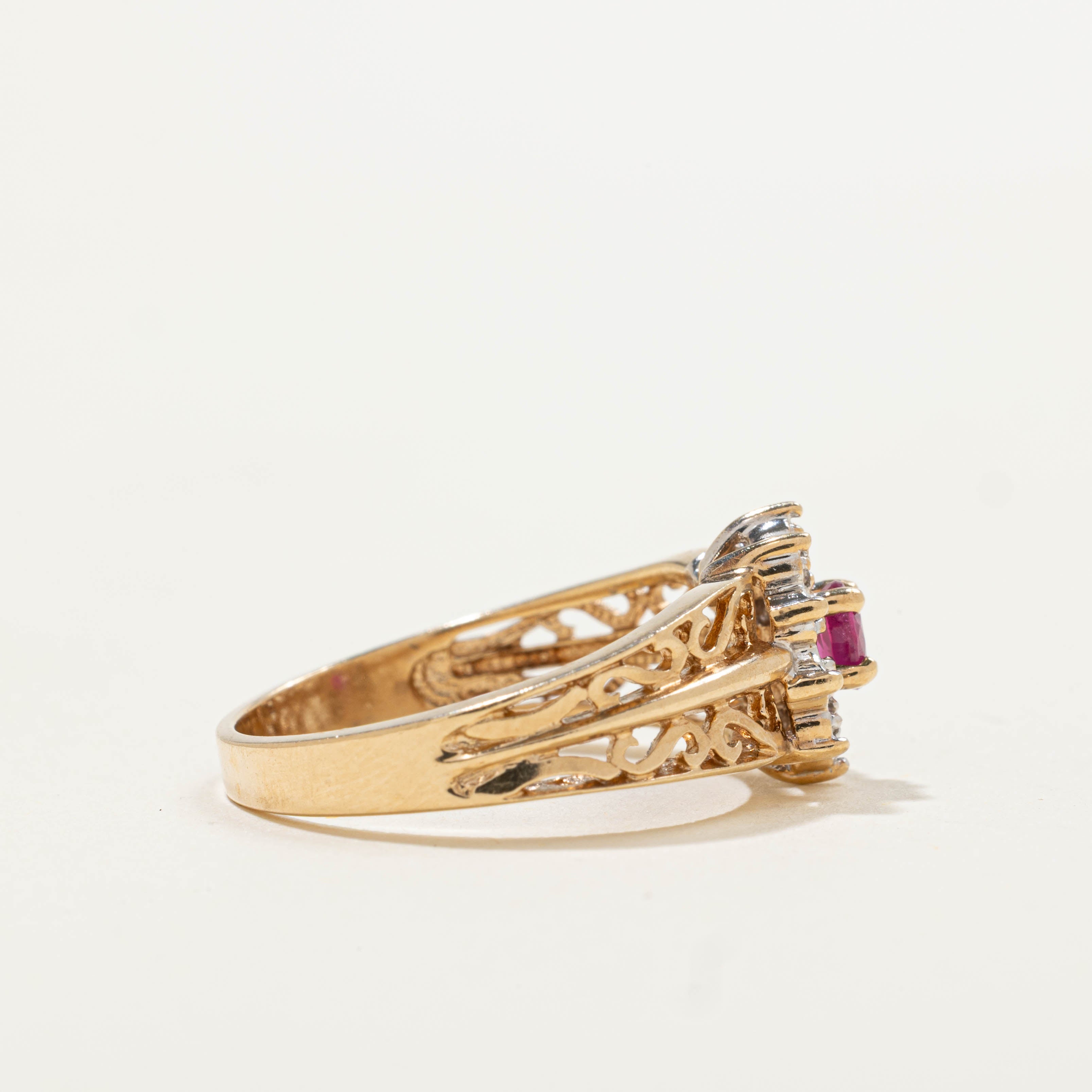 10k Ruby & Diamond Petal Halo Openwork Ring | 0.18ct, 0.05ctw | SZ 6.25