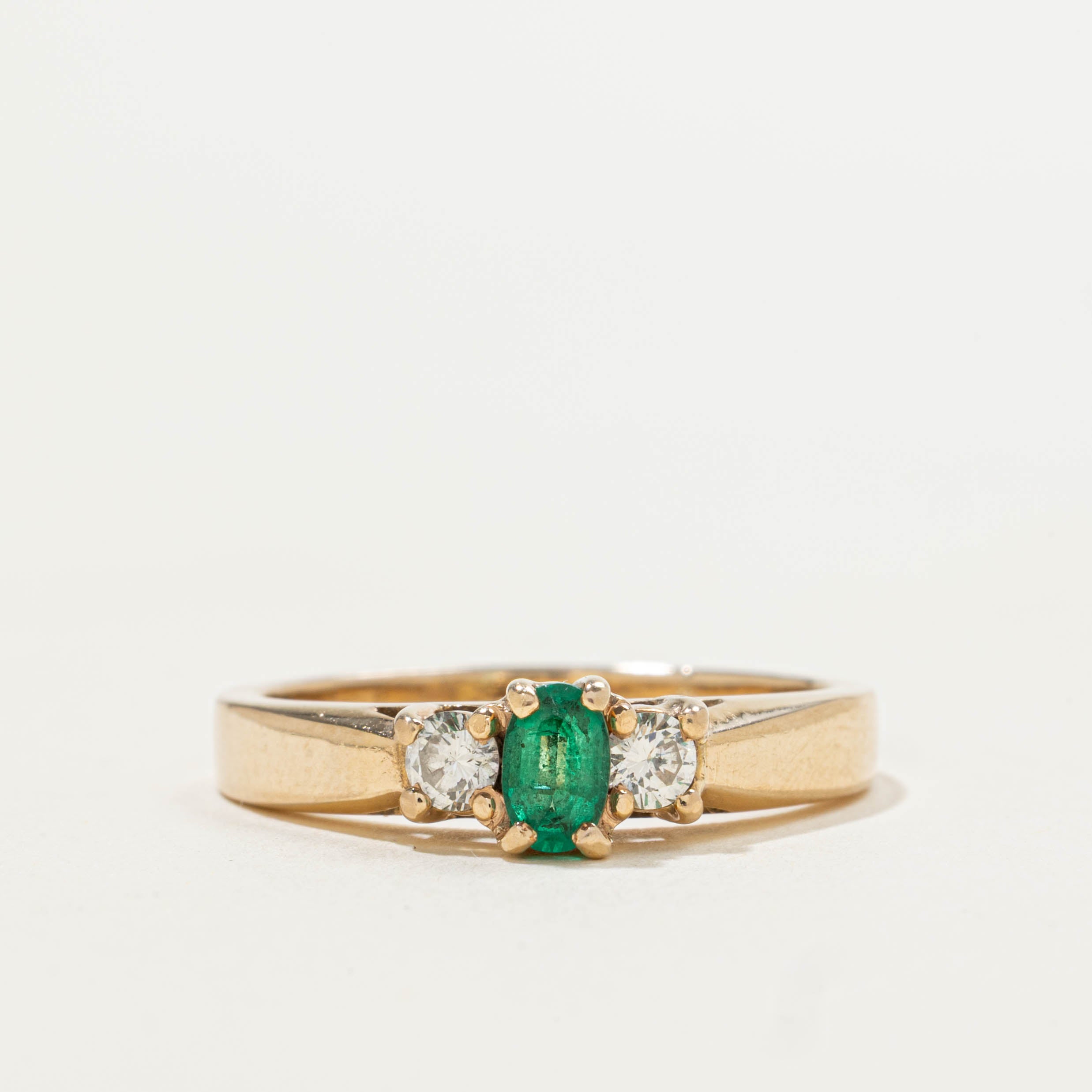 14k Three Stone Emerald & Diamond Ring | 0.20ct, 0.18ctw | SZ 7.5