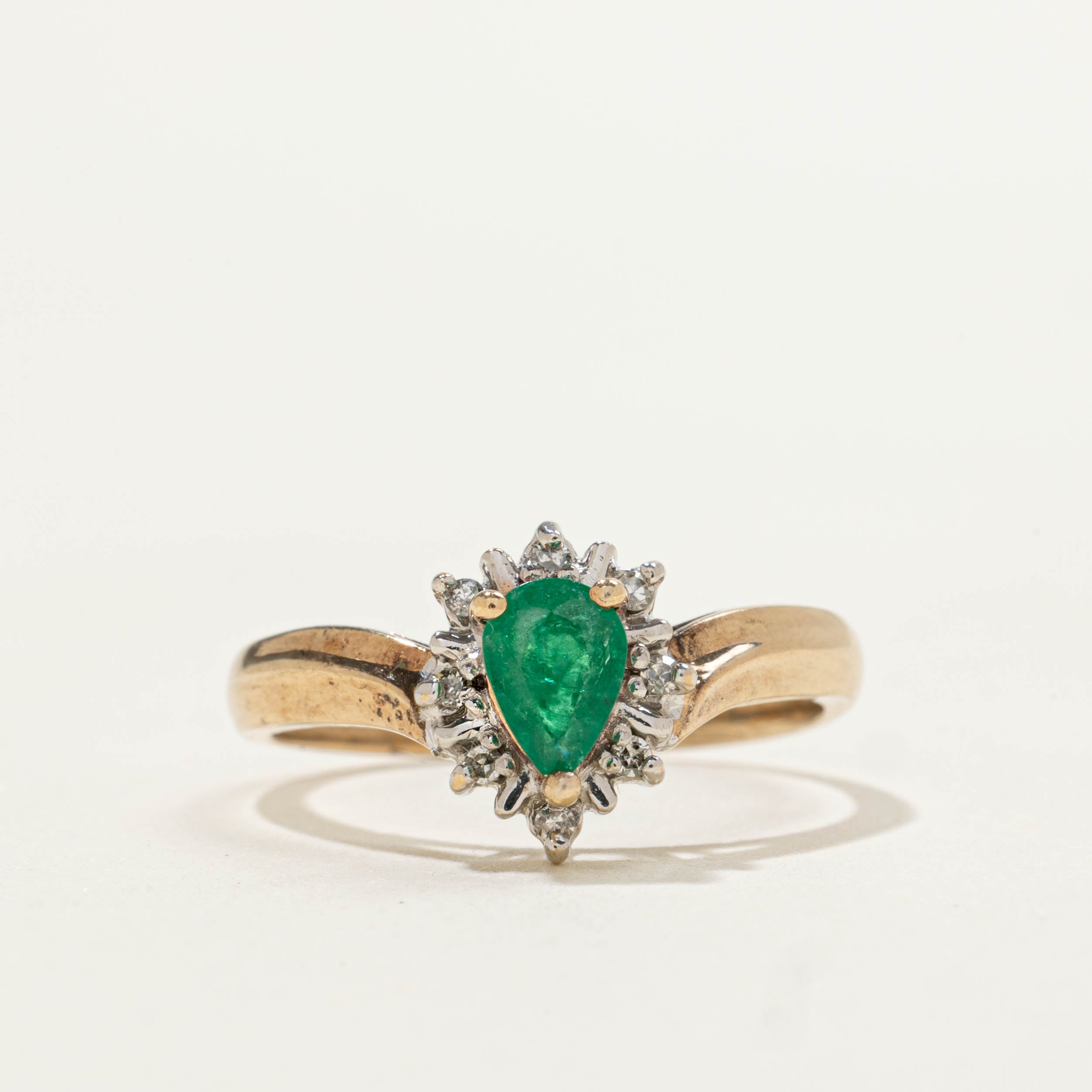 10k Emerald & Diamond Halo Chevron Ring | 0.08ctw, 0.32ct | SZ 6.5