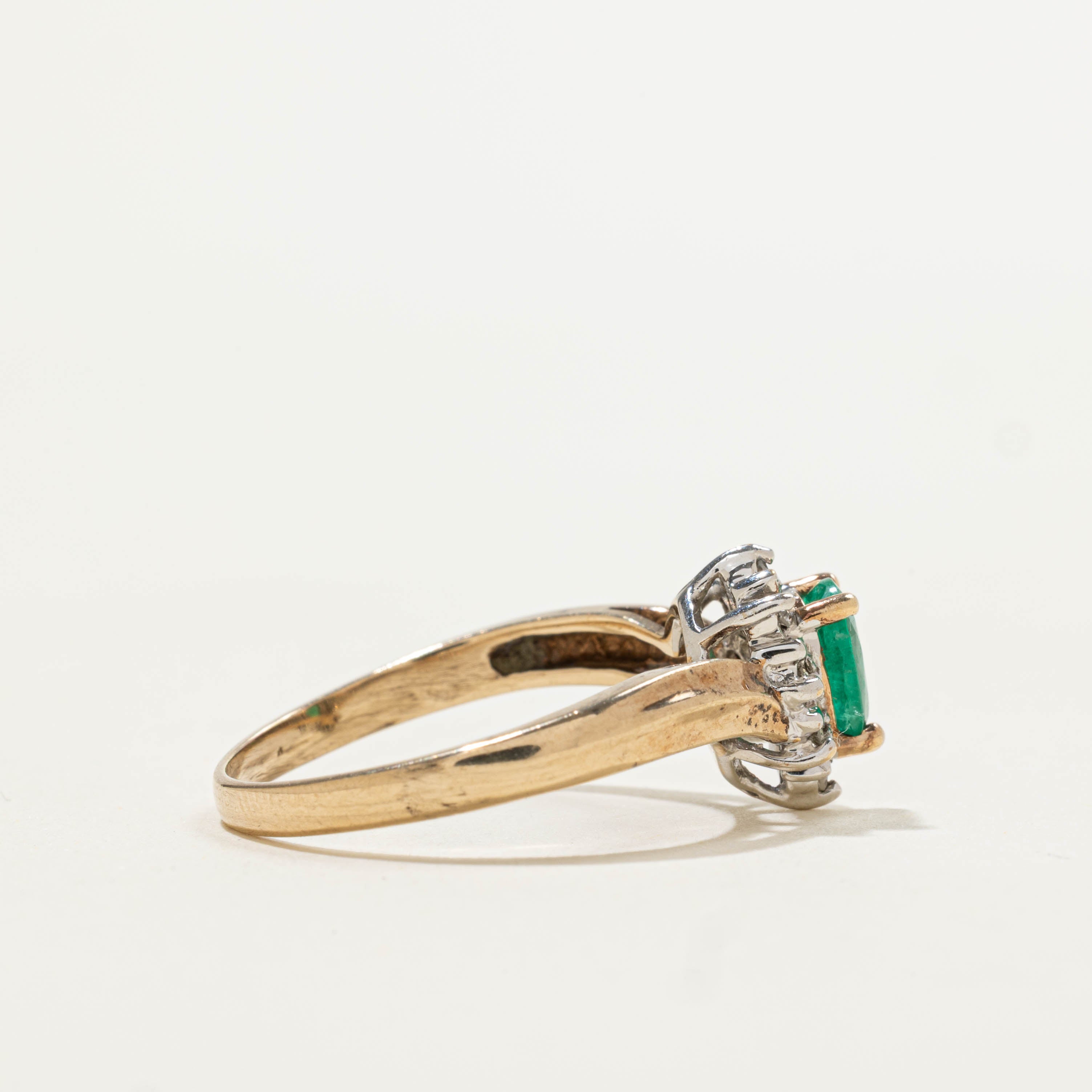 10k Emerald & Diamond Halo Chevron Ring | 0.08ctw, 0.32ct | SZ 6.5