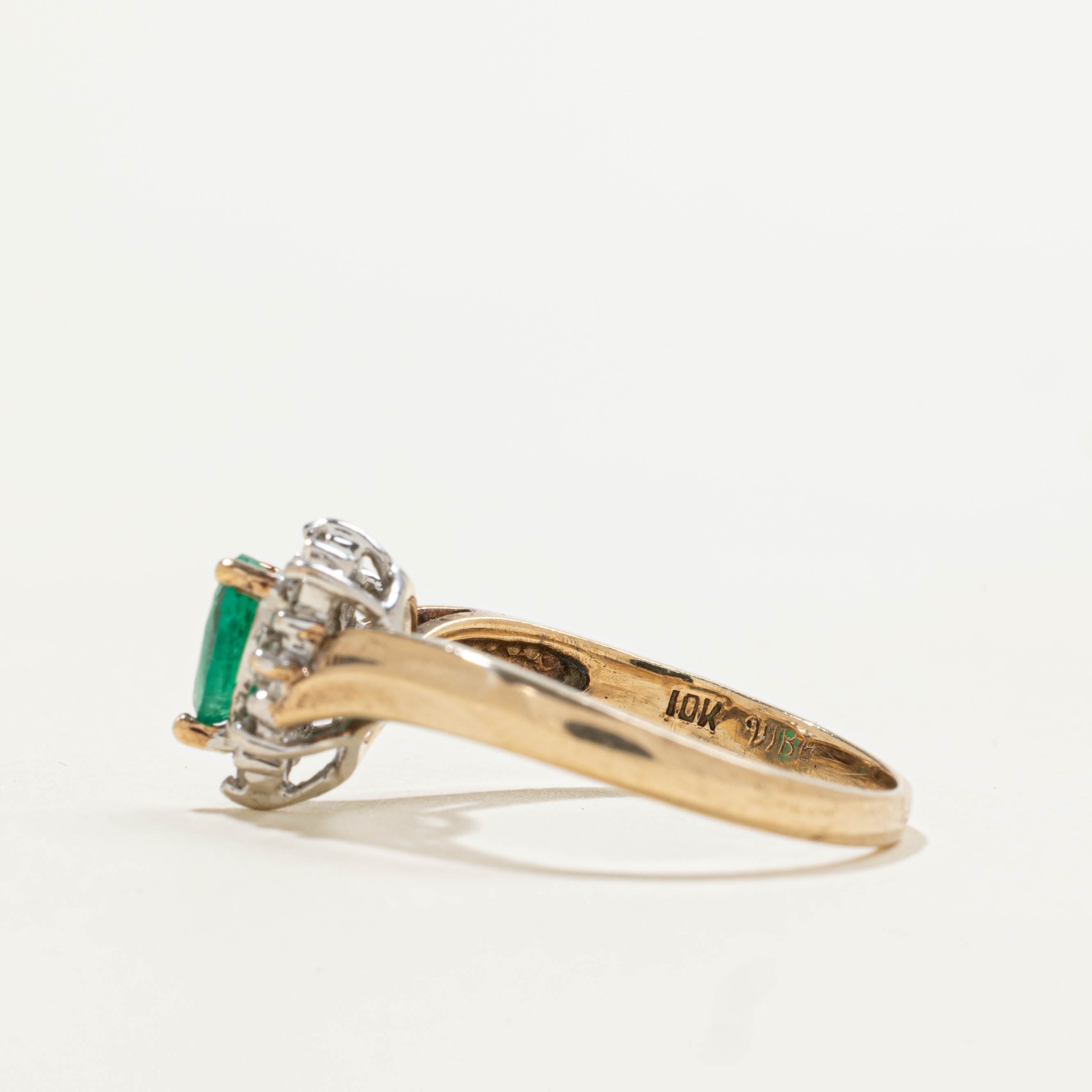 10k Emerald & Diamond Halo Chevron Ring | 0.08ctw, 0.32ct | SZ 6.5