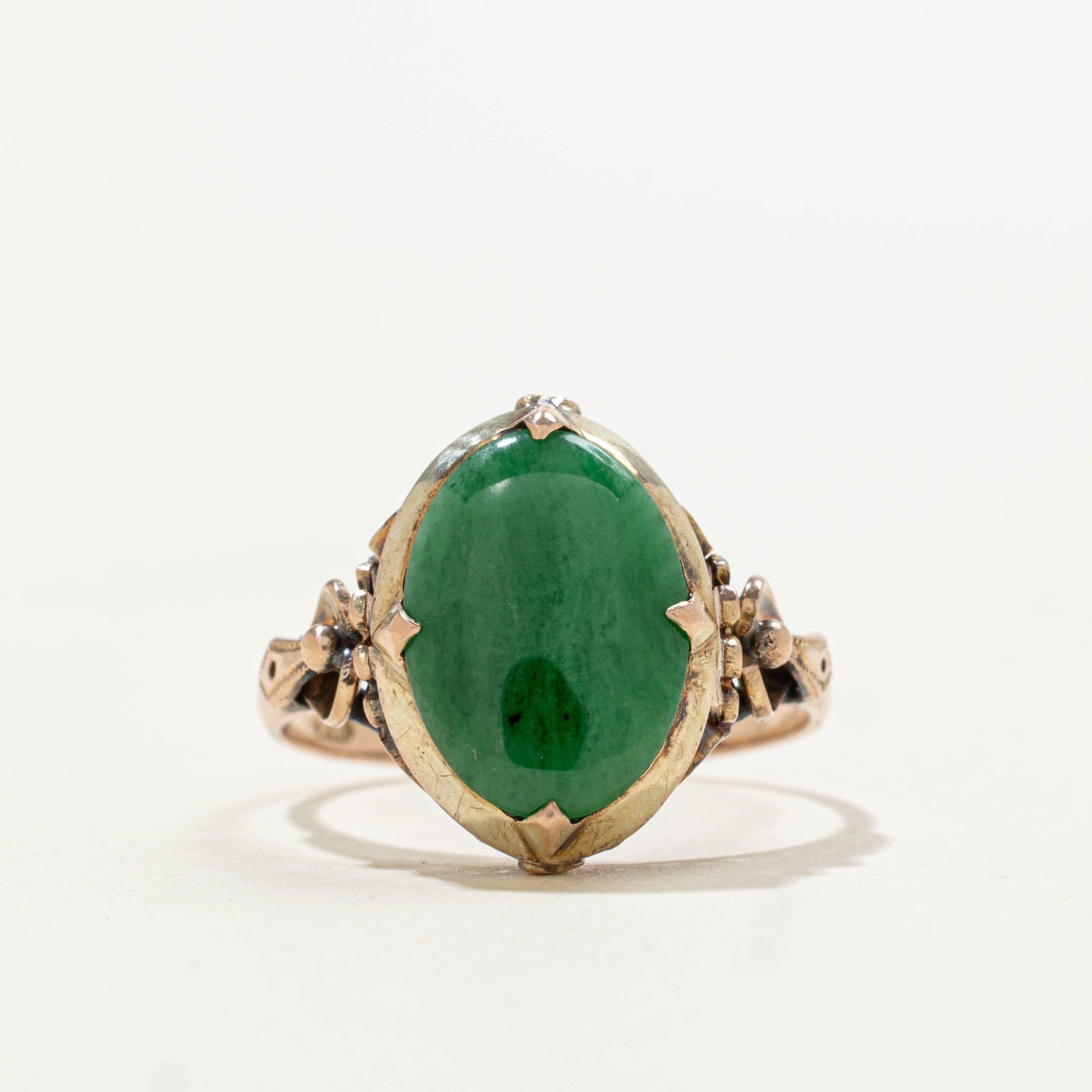10k Oval Cut Jadeite Ornate Ring | 2.0ct | SZ 6.75