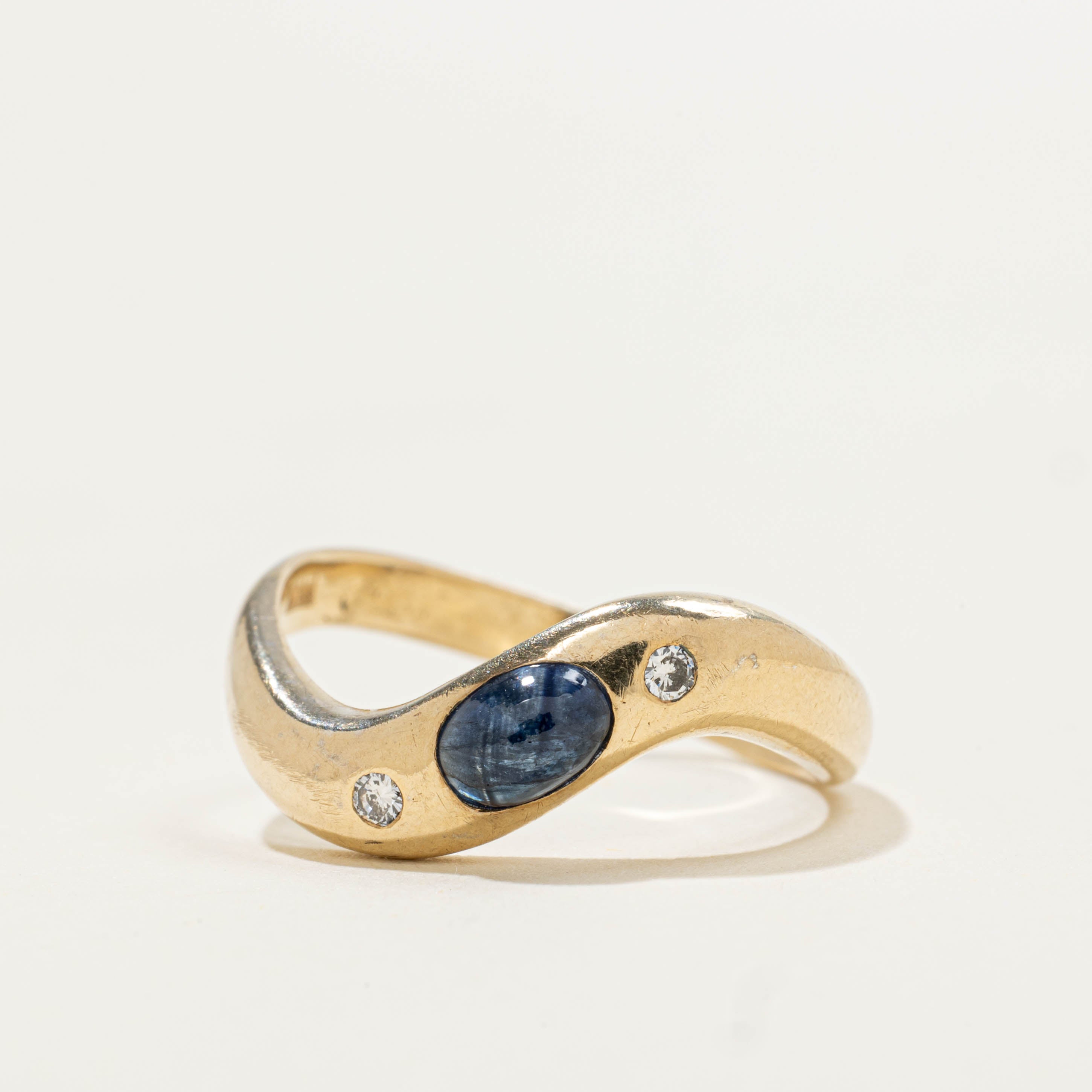 14k Flush Set Sapphire & Diamond Wave Ring | 0.60ct, 0.03ctw | SZ 6