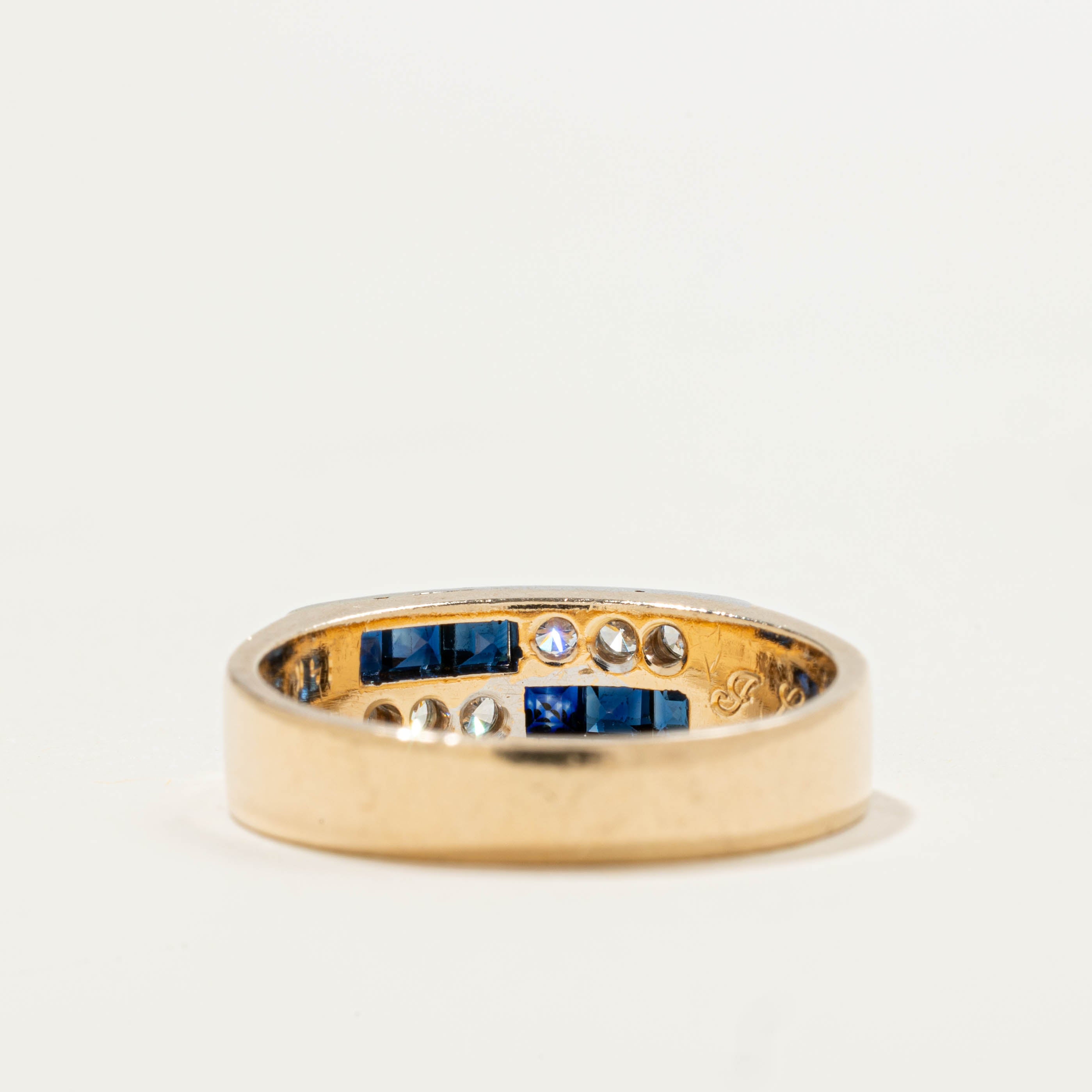 14k Sapphire & Diamond Rectangular Grid Ring | 0.33ctw, 0.18ctw | SZ 6.5