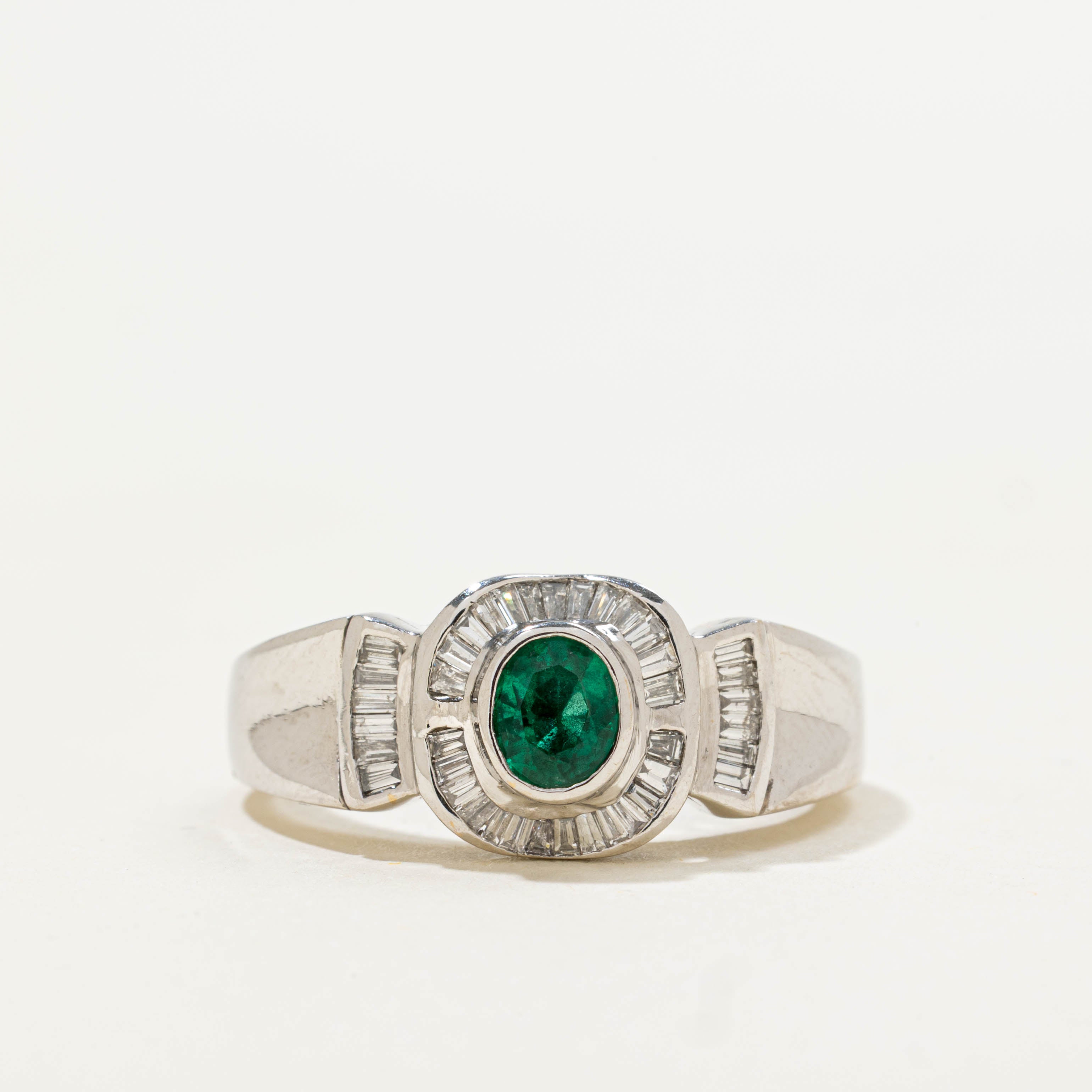 18k Emerald & Diamond Halo Reverse Tapered Ring | 0.28ctw, 0.35ct | SZ 7
