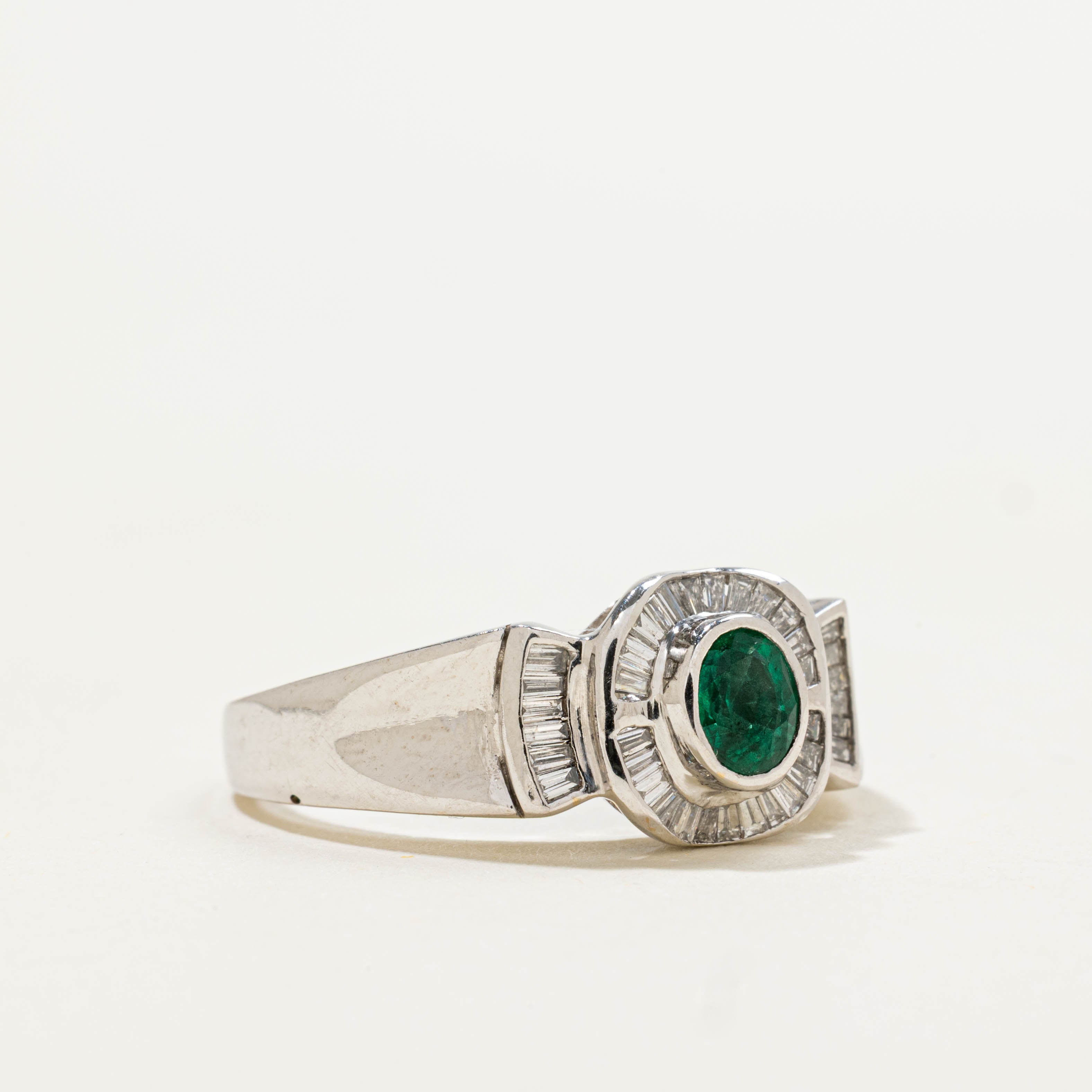 18k Emerald & Diamond Halo Reverse Tapered Ring | 0.28ctw, 0.35ct | SZ 7