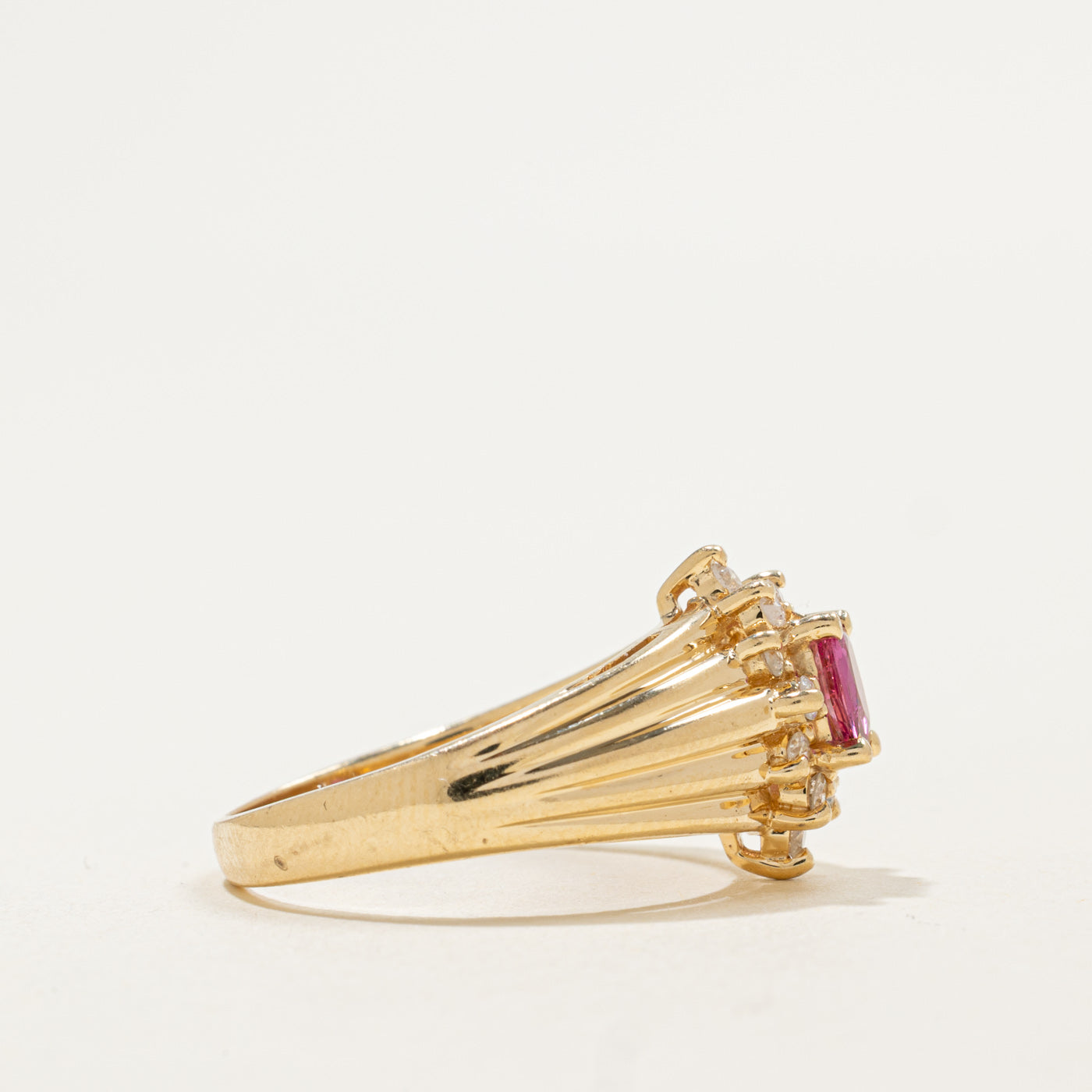 14K Ruby & Diamond Petal Halo Grooved Ring | 0.35ct, 0.24ctw | SZ 8.25