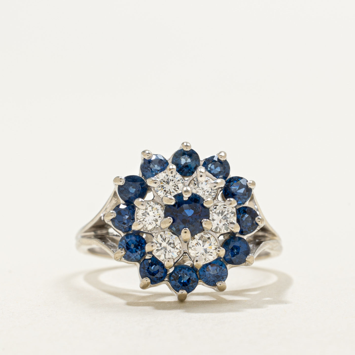14K Round Cut Sapphire & Diamond Petal Cluster Ring | 1.00ctw, 0.48ctw | SZ 6.75