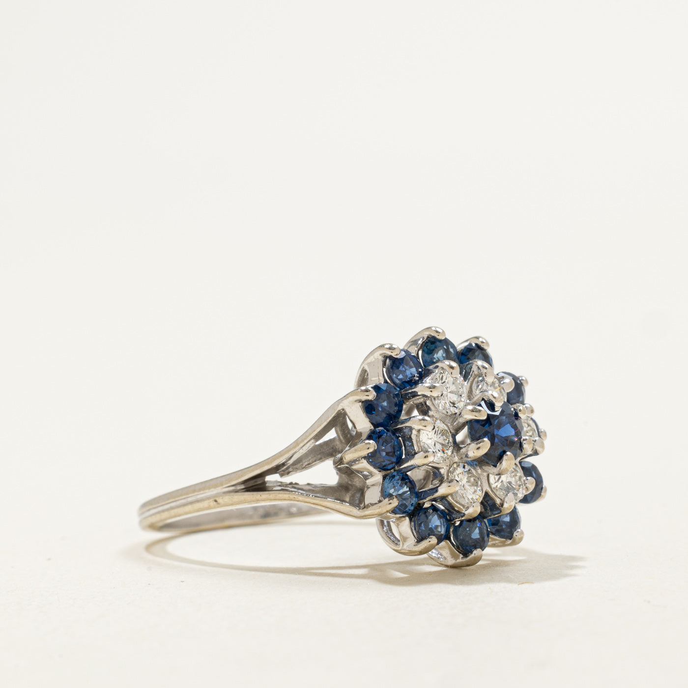 14K Round Cut Sapphire & Diamond Petal Cluster Ring | 1.00ctw, 0.48ctw | SZ 6.75