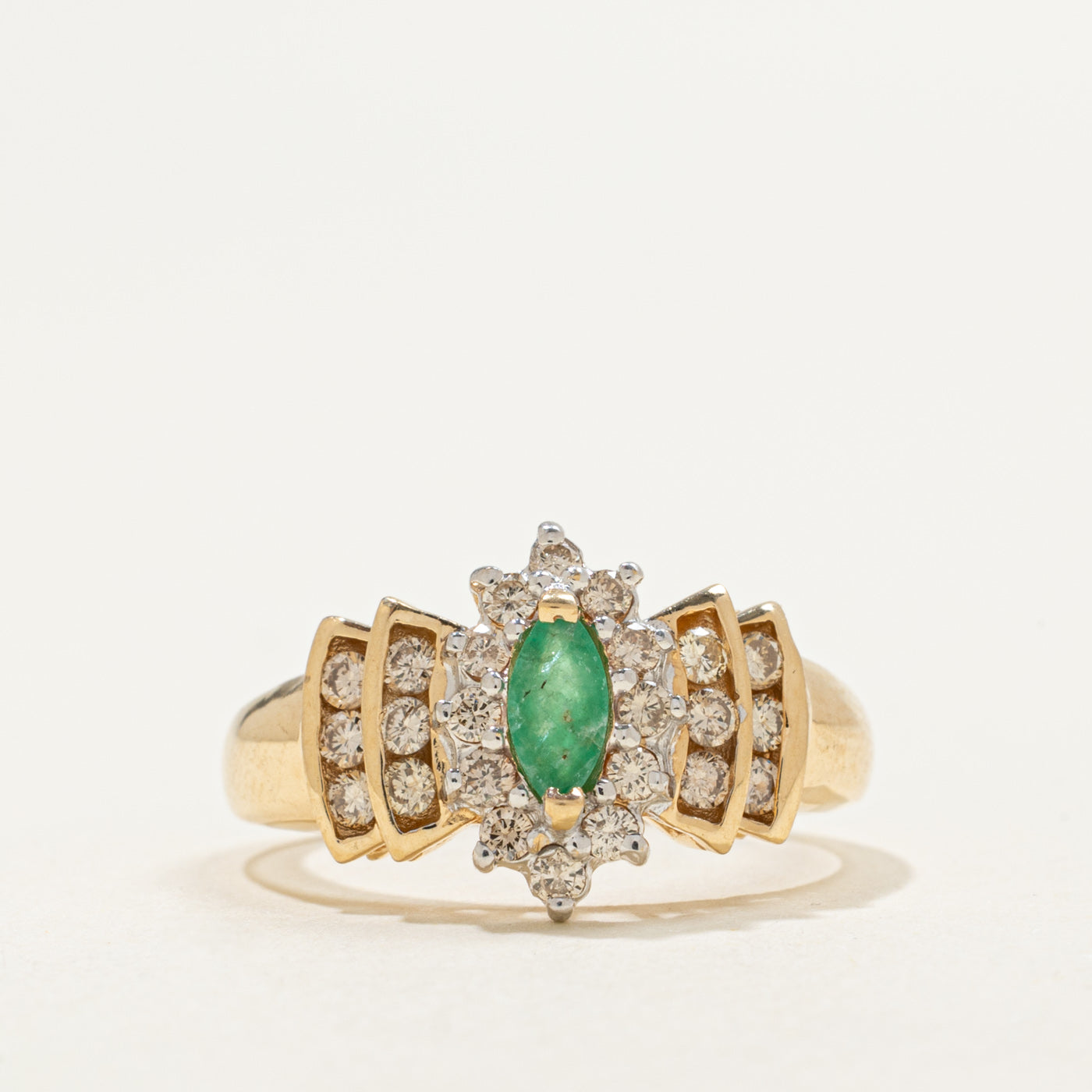 14K Marquise Cut Emerald & Diamond Petal Halo Ring | 0.20ct, 0.42ctw | SZ 7.0