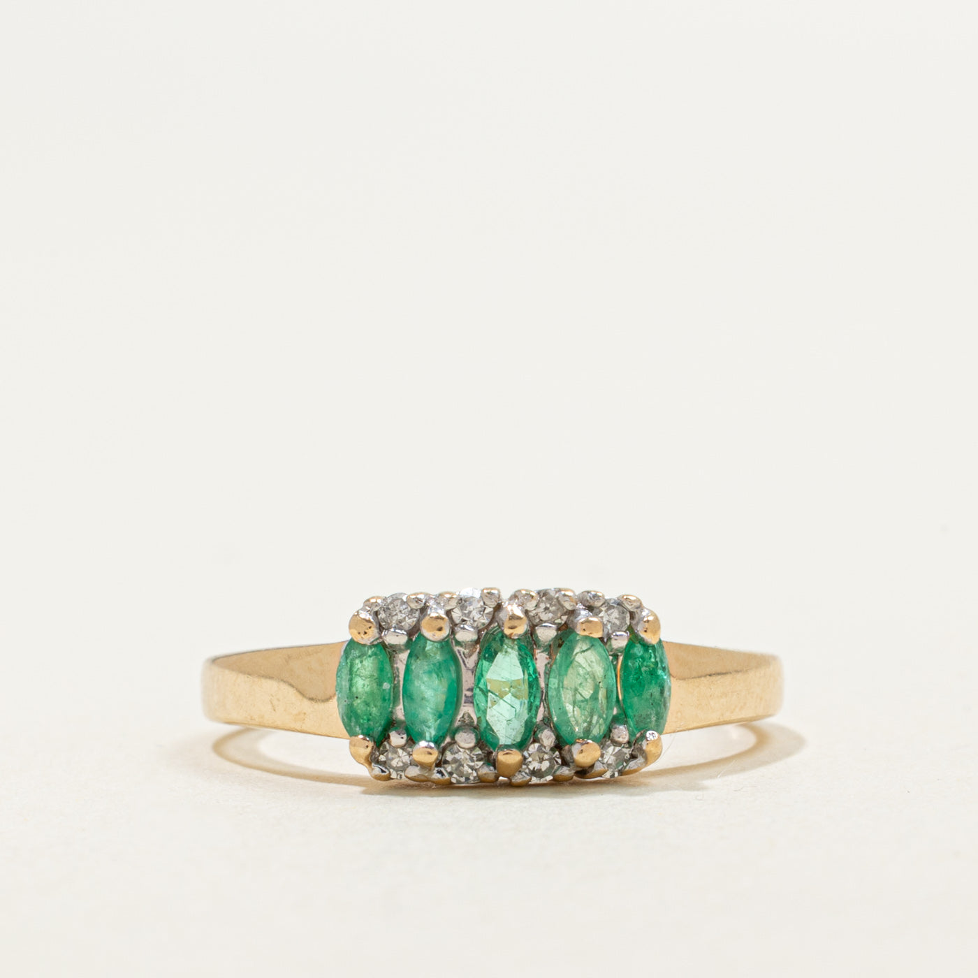 10K Five Stone Marquise Cut Emerald & Diamond Ring | 0.30ctw, 0.08ctw | SZ 7.0