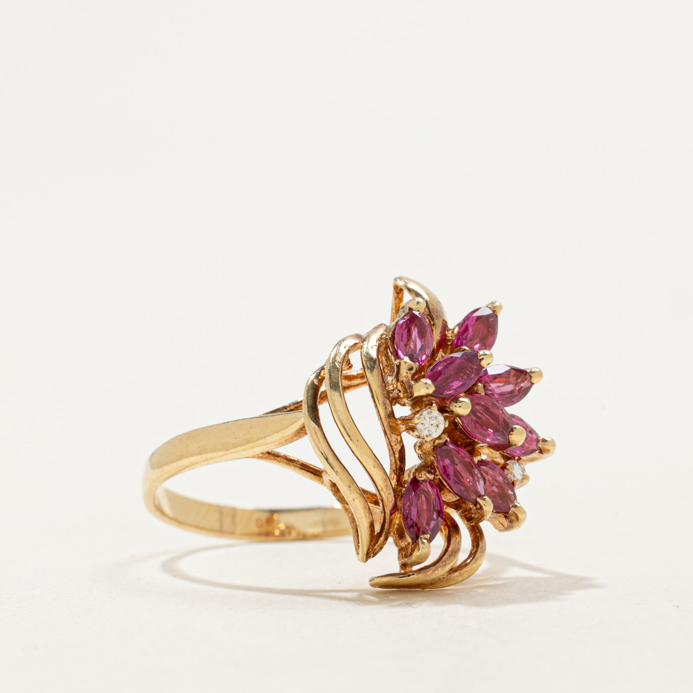 14K Marquise Cut Ruby & Diamond Floral Cocktail Ring | 0.75ctw, 0.02ctw | SZ 6.5
