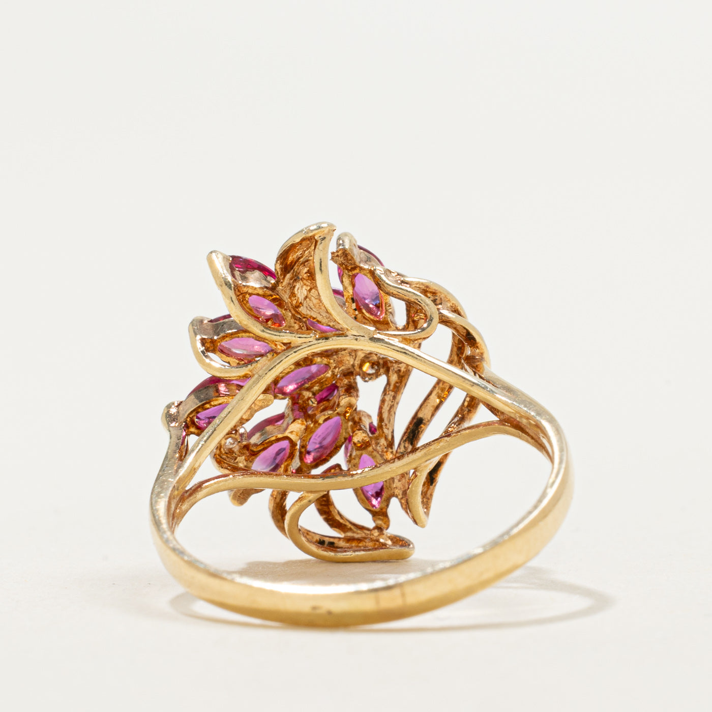 14K Marquise Cut Ruby & Diamond Floral Cocktail Ring | 0.75ctw, 0.02ctw | SZ 6.5