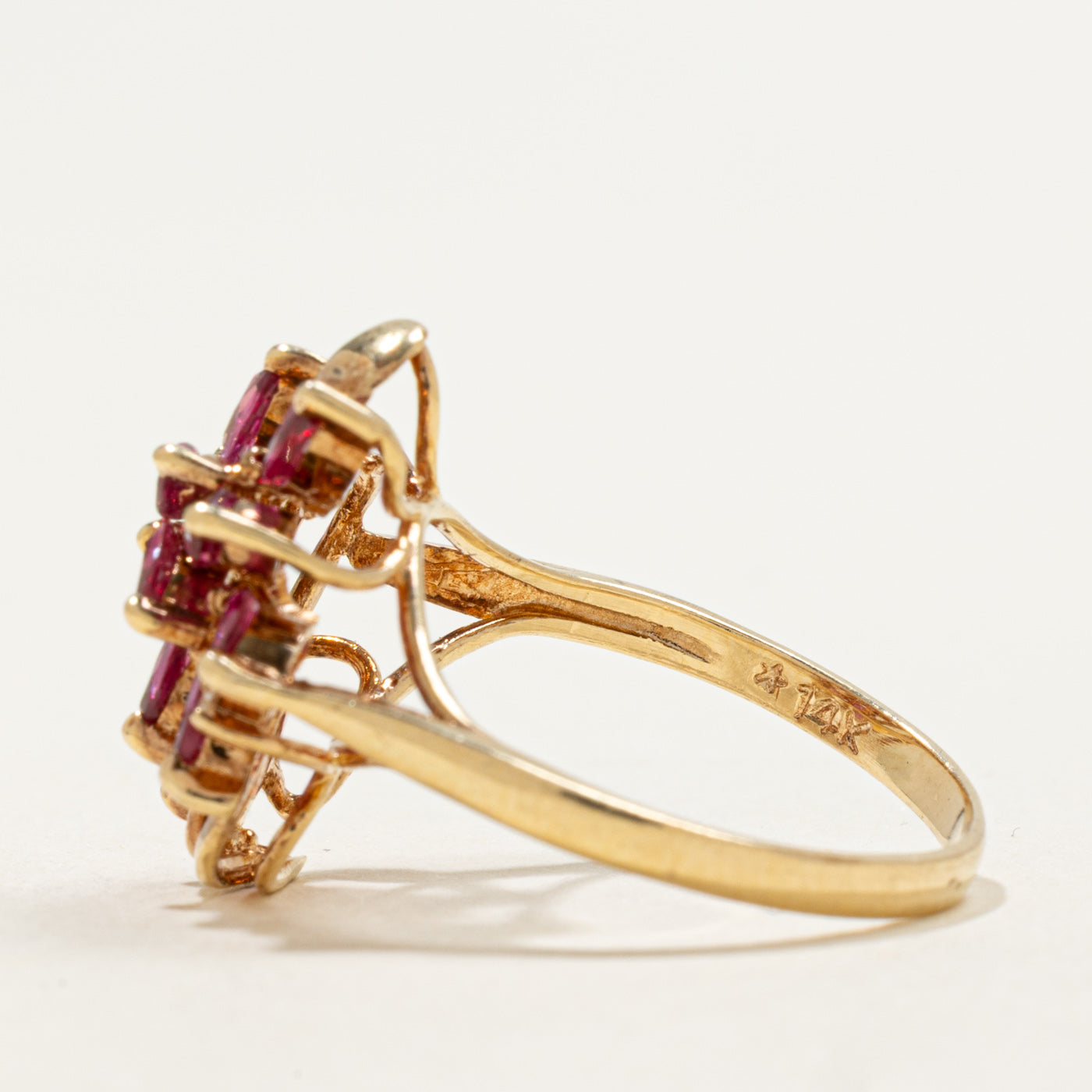 14K Marquise Cut Ruby & Diamond Floral Cocktail Ring | 0.75ctw, 0.02ctw | SZ 6.5