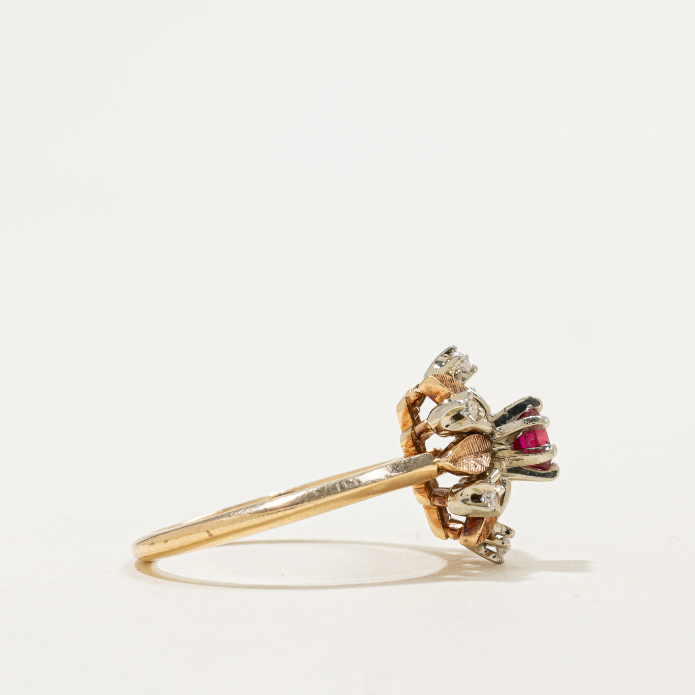 Title 14K 6270-48 Ruby & Diamond Floral/Leaf Ring | 0.28ct, 0.06ctw | SZ 6.75