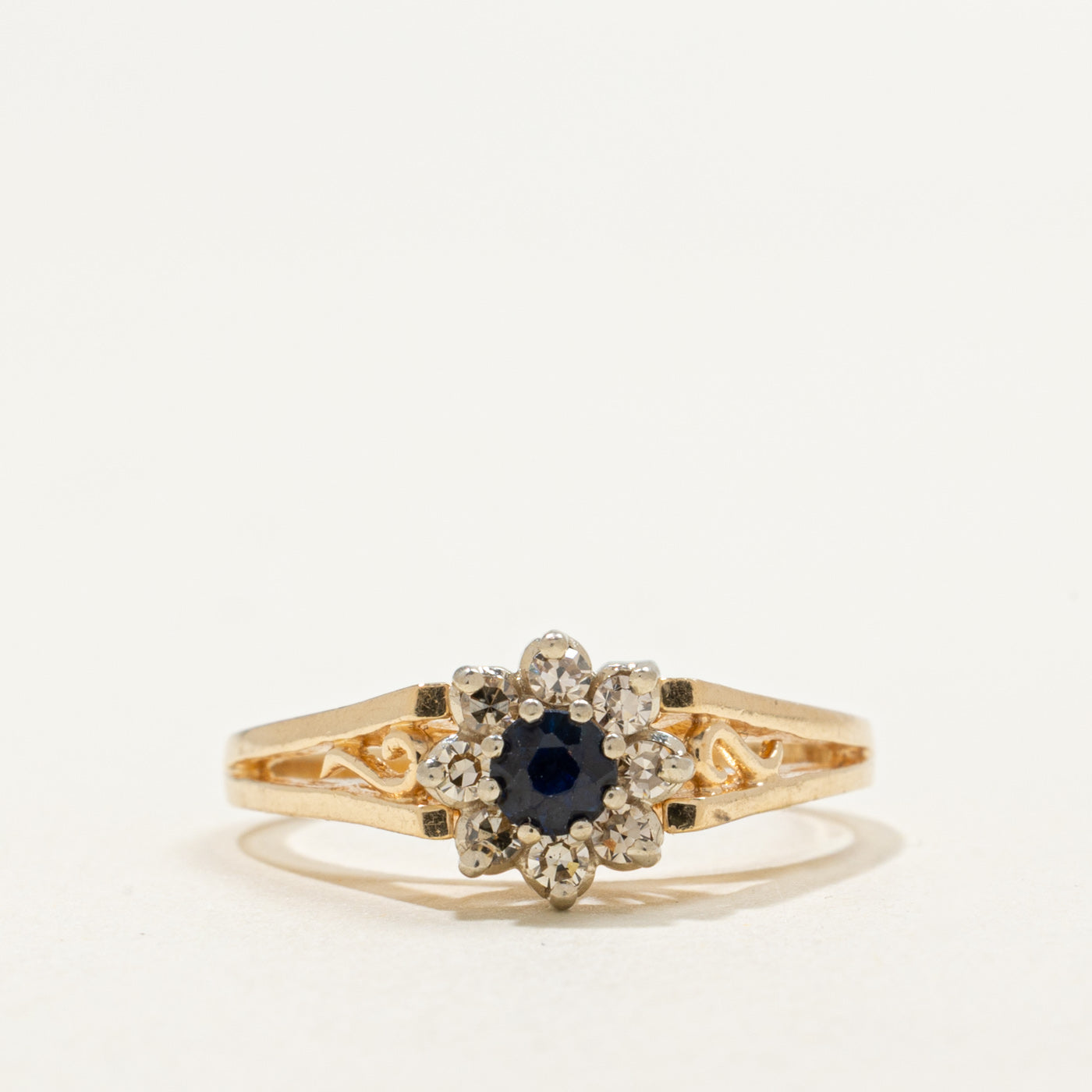 14K Round Cut Sapphire & Diamond Floral Ring | 0.18ct, 0.12ctw | SZ 6.0