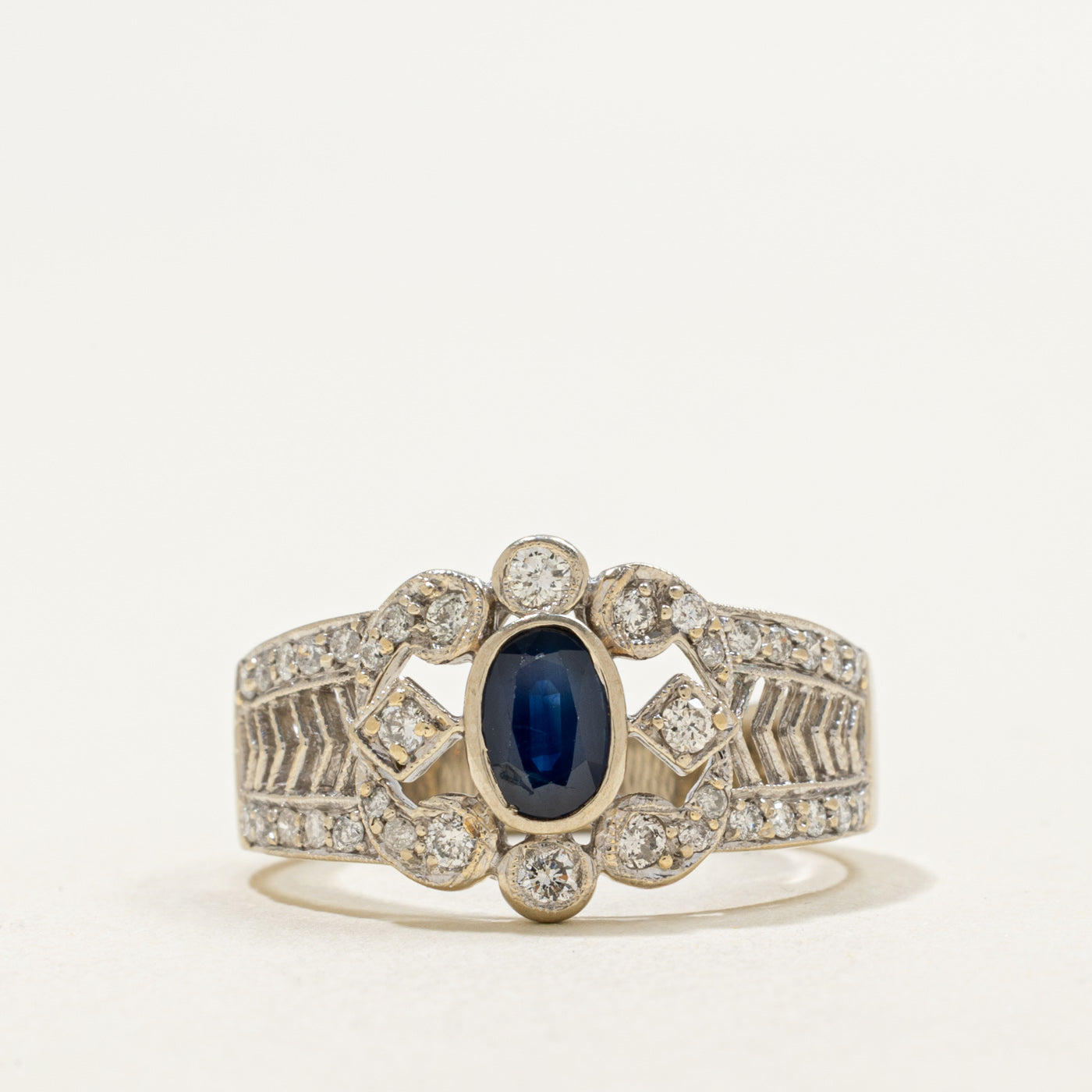 14K Bezel Set Sapphire & Diamond Accented Geometric Ring | 0.42ct, 0.36ctw | SZ 7.0