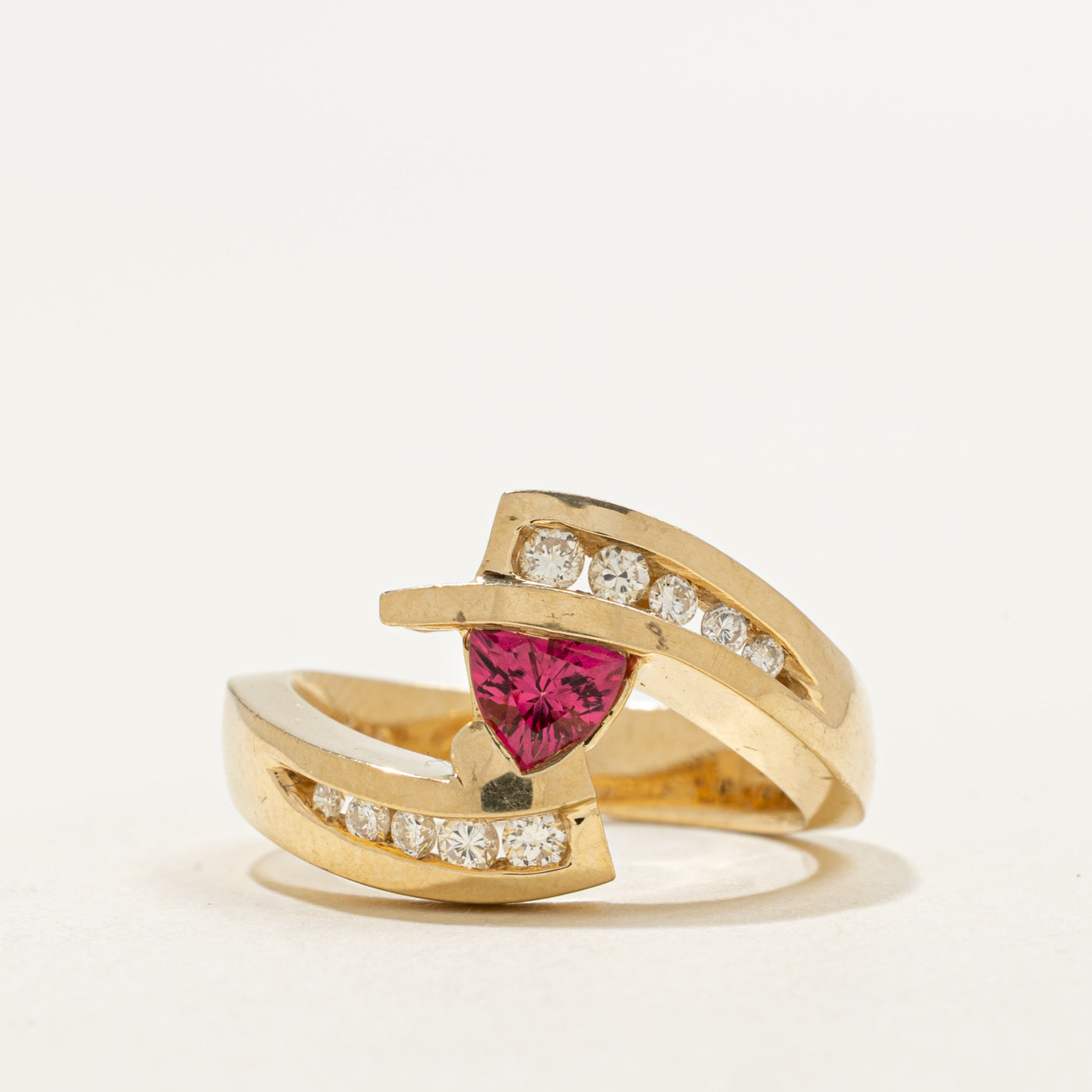 14K Trillion Cut Pink Tourmaline & Diamond Bypass Ring | 0.40ct, 0.20ctw | SZ 6.5