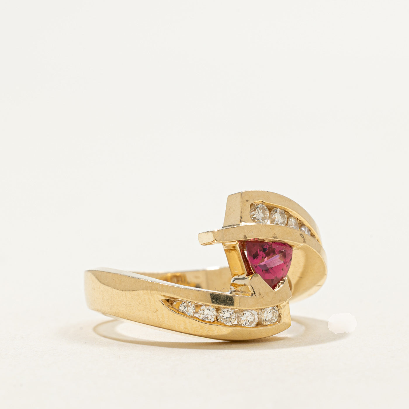 14K Trillion Cut Pink Tourmaline & Diamond Bypass Ring | 0.40ct, 0.20ctw | SZ 6.5