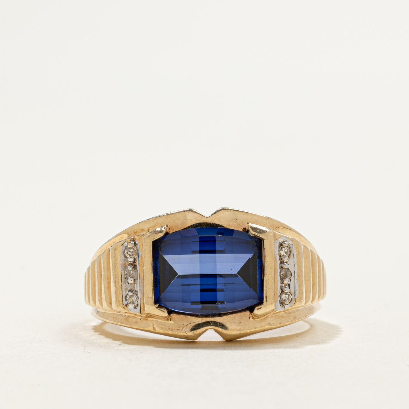 10K Synthetic Sapphire & Natural Diamond Grooved Ring | 4.25ct, 0.03ctw | SZ 8.75