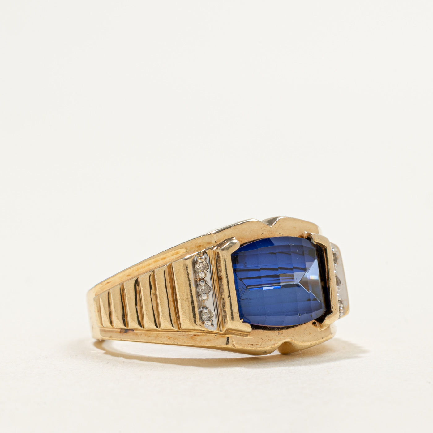 10K Synthetic Sapphire & Natural Diamond Grooved Ring | 4.25ct, 0.03ctw | SZ 8.75
