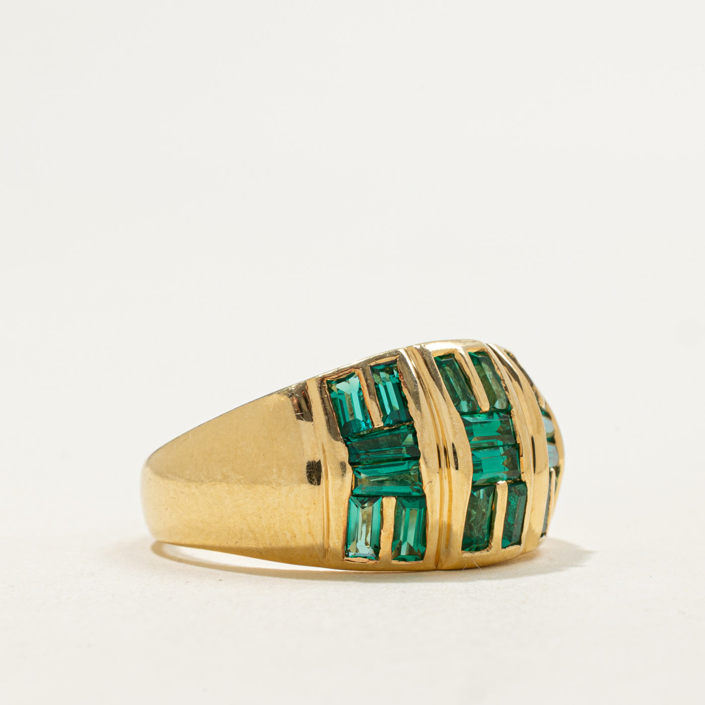 18k Baguette Cut Synthetic Emerald Dome Ring | 2.00ctw | SZ 11.0