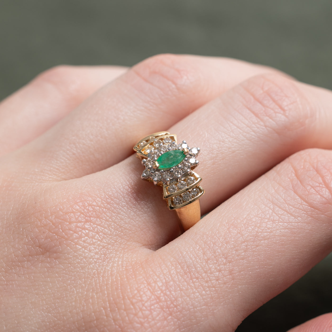 14K Marquise Cut Emerald & Diamond Petal Halo Ring | 0.20ct, 0.42ctw | SZ 7.0