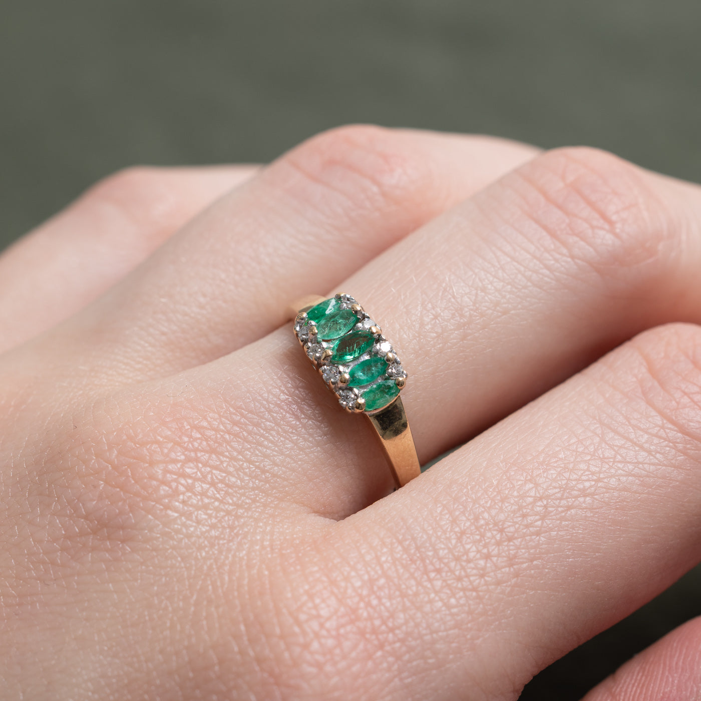 10K Five Stone Marquise Cut Emerald & Diamond Ring | 0.30ctw, 0.08ctw | SZ 7.0