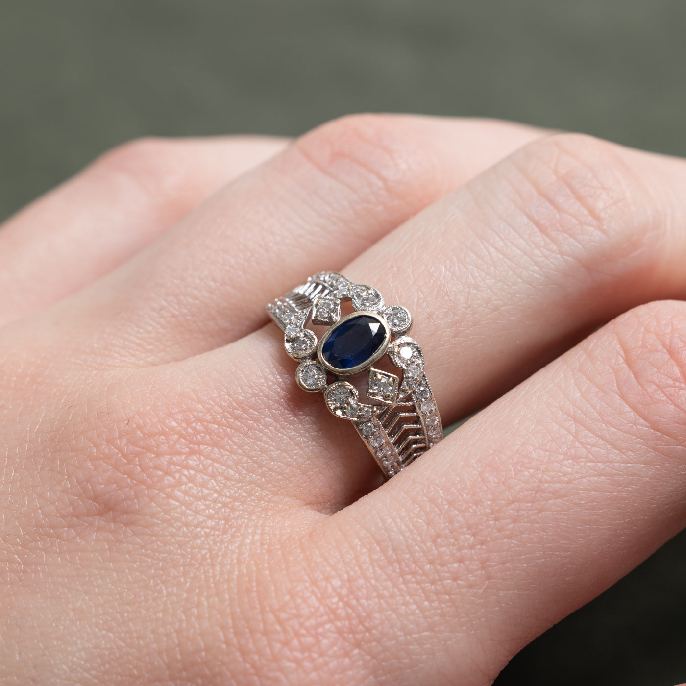 14K Bezel Set Sapphire & Diamond Accented Geometric Ring | 0.42ct, 0.36ctw | SZ 7.0