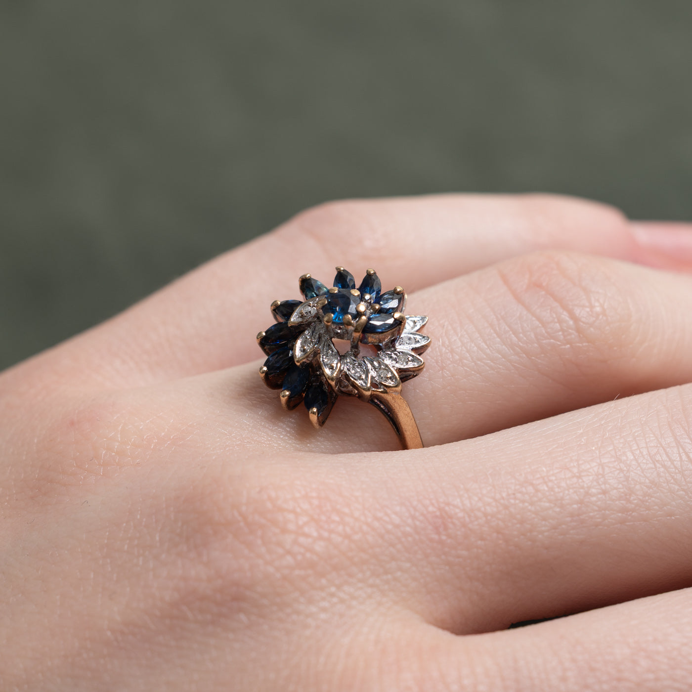 10K Sapphire & Diamond Floral Cluster Cocktail Ring | 0.90ctw, 0.05ctw | SZ 5.75