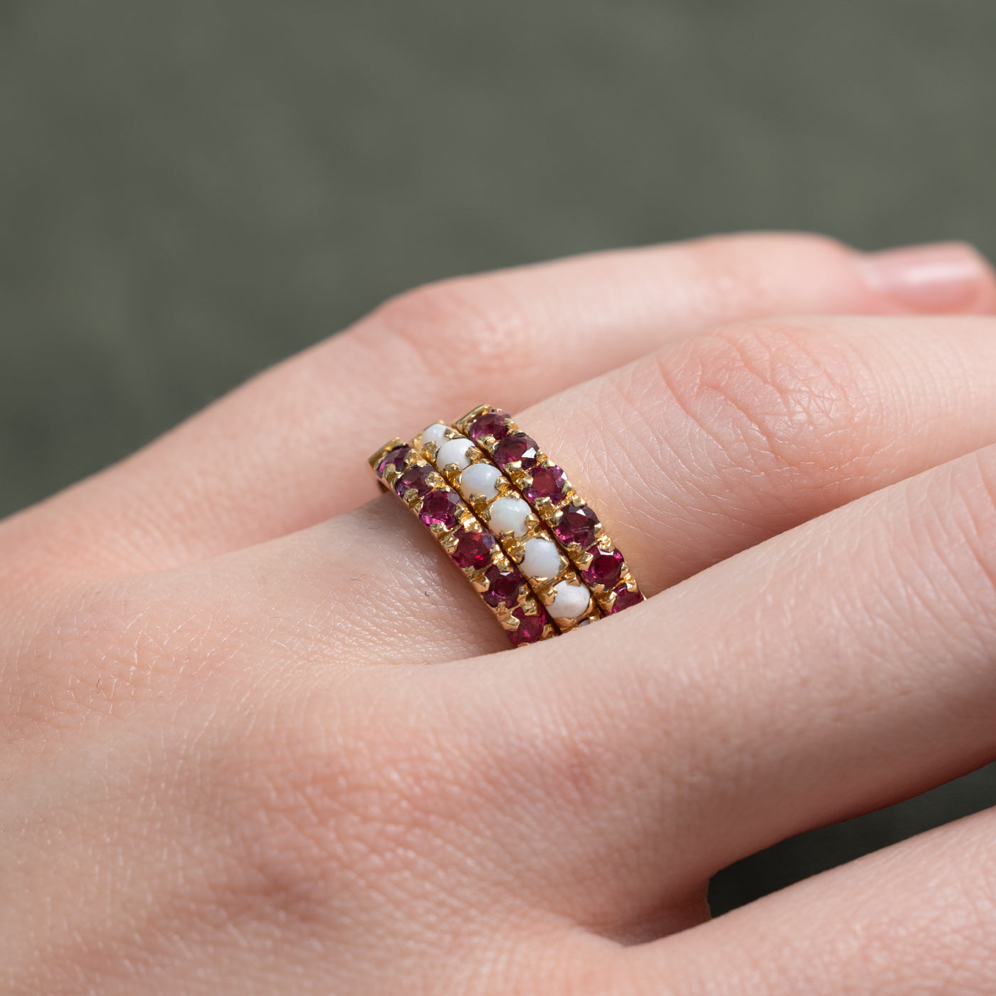 18k Round Cut Ruby & Opal Multi Row Band | 1.20ctw, 0.50ctw | SZ 6.25