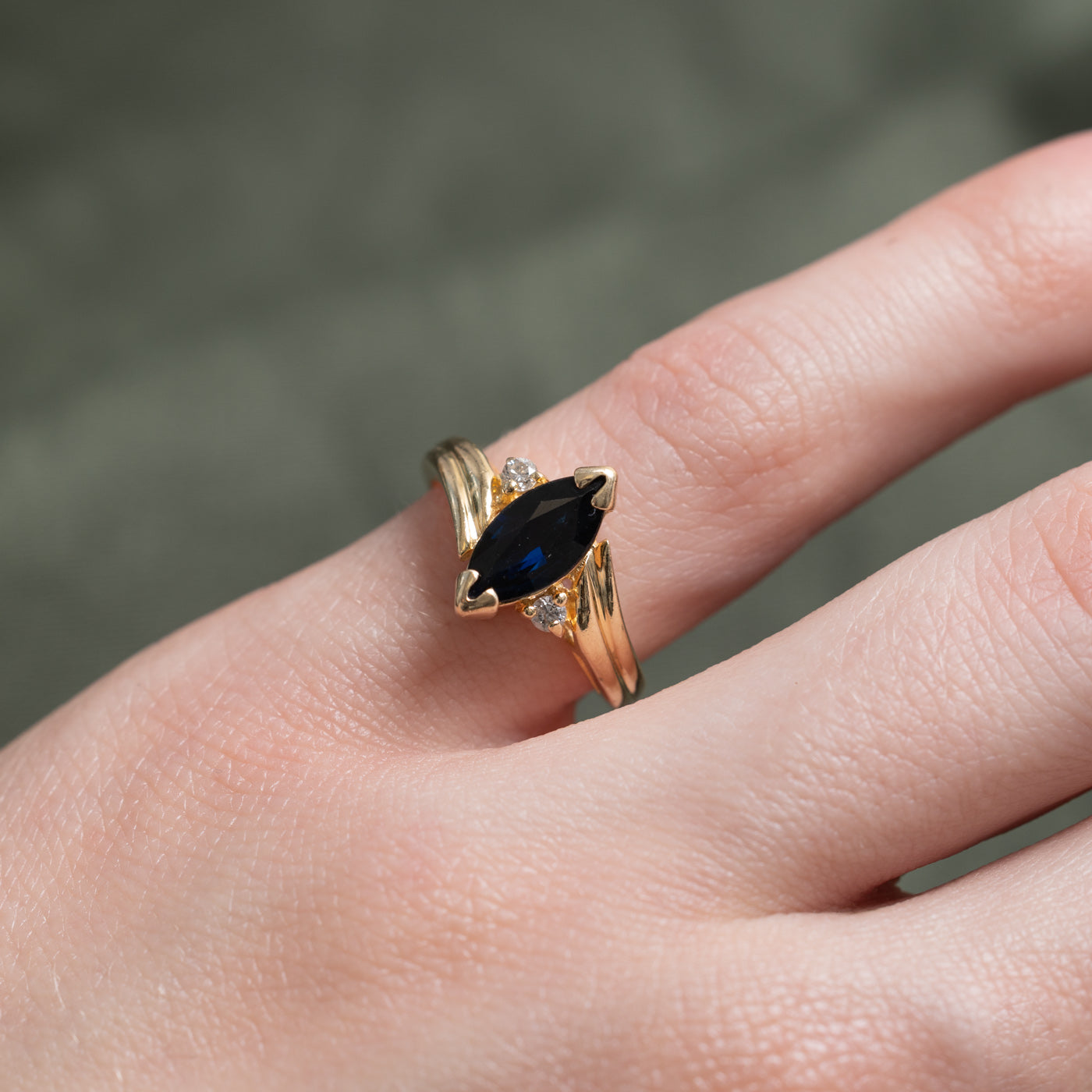 Marquise Cut Sapphire & Diamond Grooved Bypass Ring | 0.82ctw, 0.05ctw | SZ 3.75 |