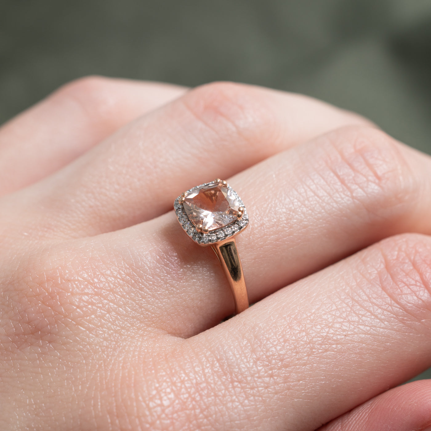 Cushion Cut Morganite & Diamond Halo Ring | 1.02ct, 0.05ctw | SZ 7.0 |