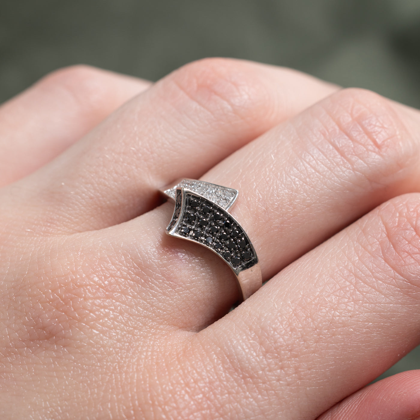 Pave Set Black & White Diamond Geometric Bypass Ring | 0.07ctw | SZ 6.0 |