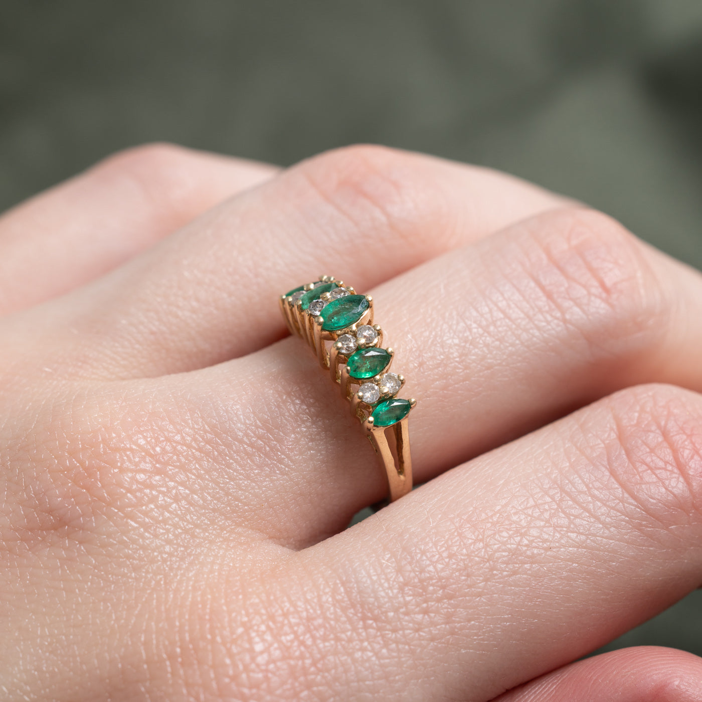Five Stone Marquise Cut Emerald & Diamond Ring | 0.34ctw, 0.16ctw | SZ 6.5 |