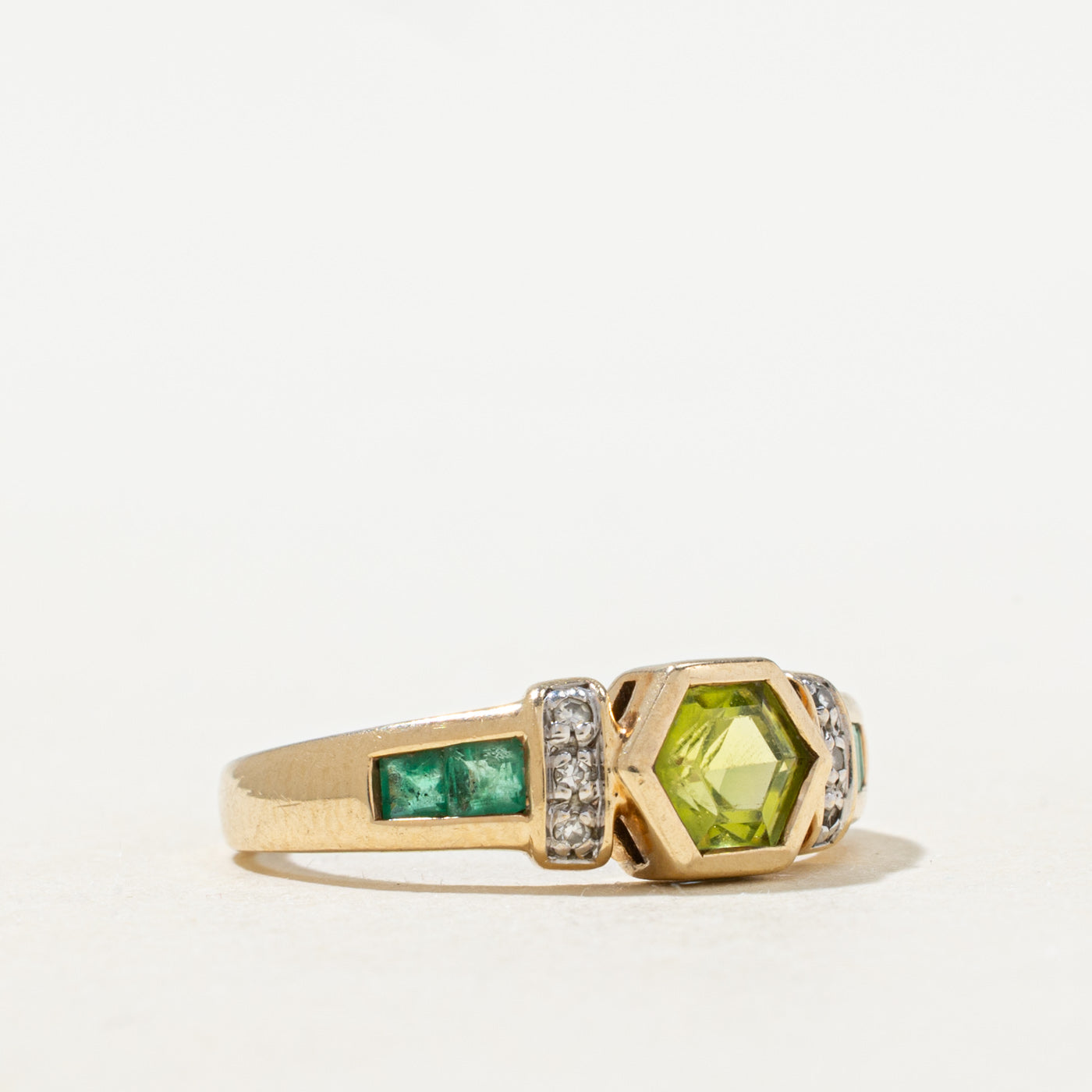 Bezel Set Emerald, Peridot & Diamond Geometric Ring | 0.83ctw, 0.03ctw | SZ 5.75 |