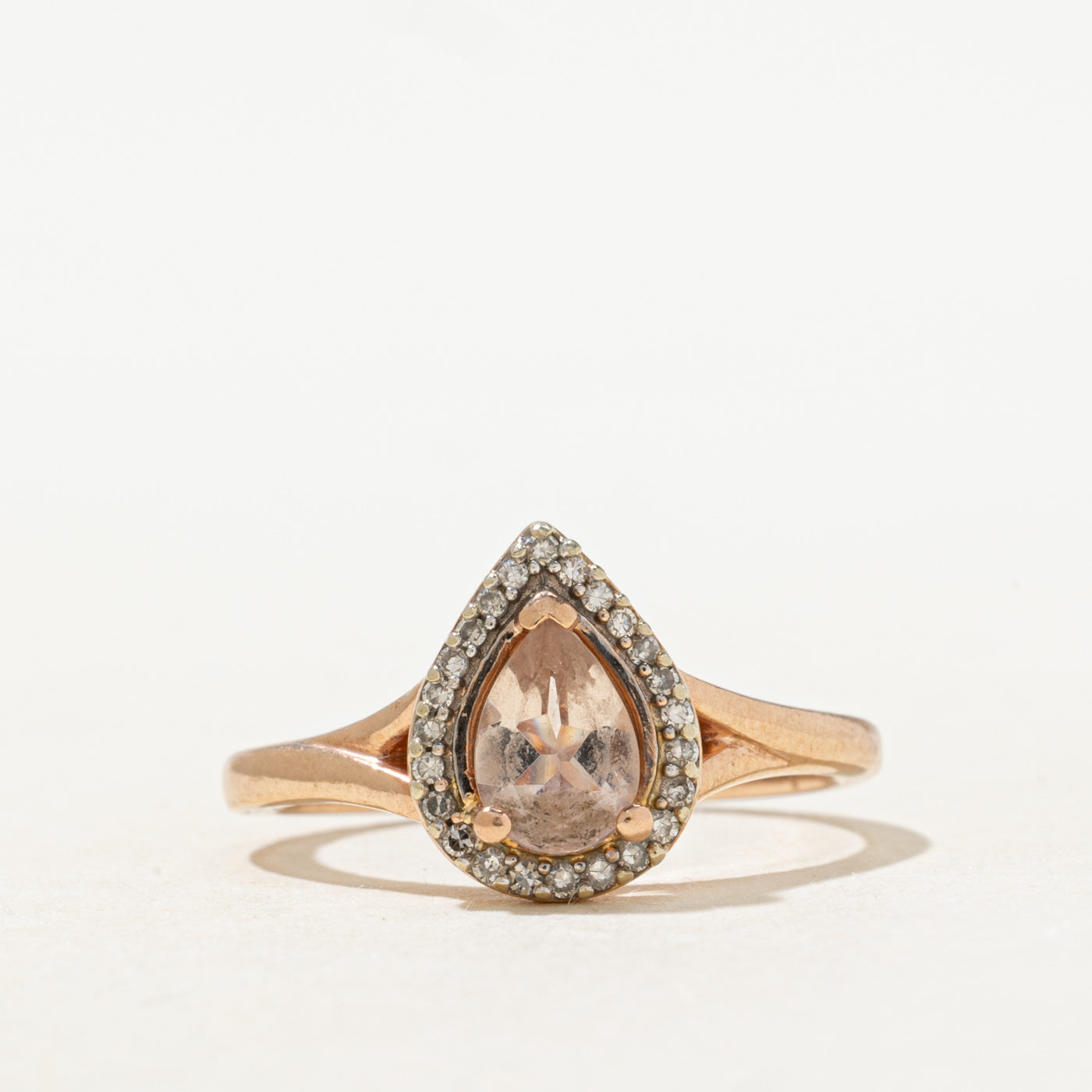 Pear Cut Morganite & Diamond Halo Ring | 0.5ct, 0.05ctw | SZ 6.75 |