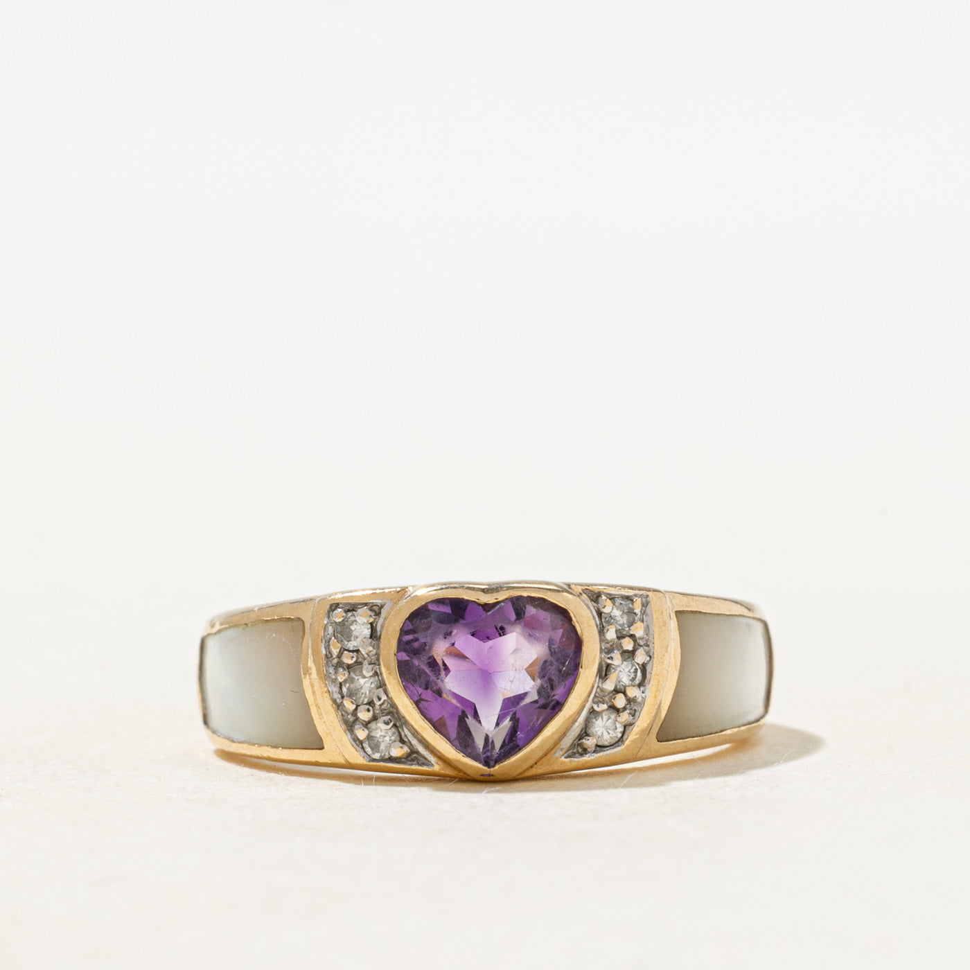 'Alfred Sung' Bezel Set Heart Cut Amethyst, Pearl & Diamond Ring | 0.5ct, 0.03ctw | SZ 6.0 |