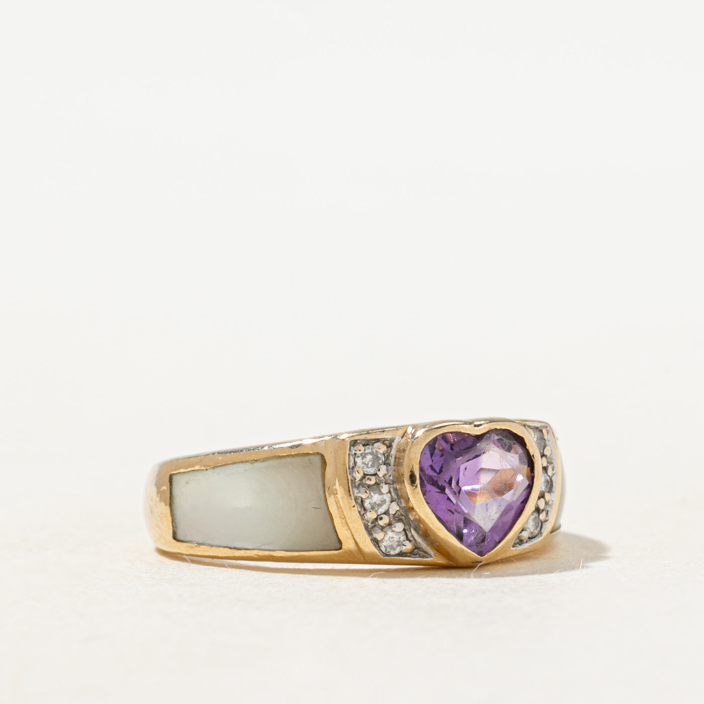 'Alfred Sung' Bezel Set Heart Cut Amethyst, Pearl & Diamond Ring | 0.5ct, 0.03ctw | SZ 6.0 |