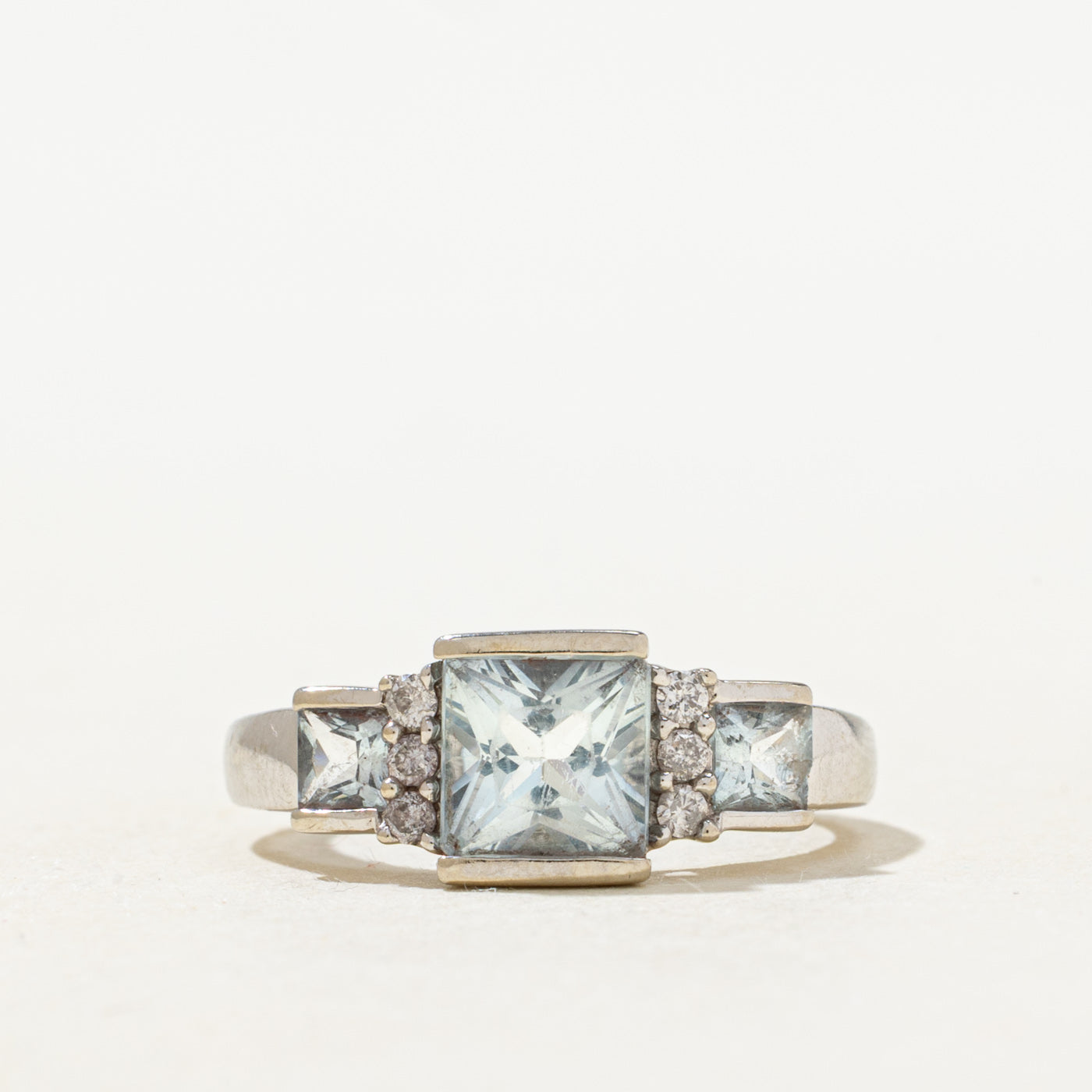 Three Stone Semi Bezel Aquamarine & Diamond Ring | 1.0ctw, 0.06ctw | SZ 5.0 |