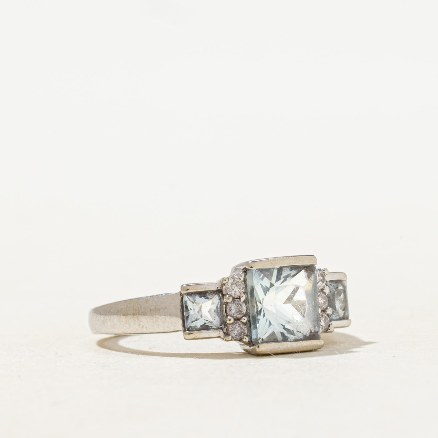 Three Stone Semi Bezel Aquamarine & Diamond Ring | 1.0ctw, 0.06ctw | SZ 5.0 |