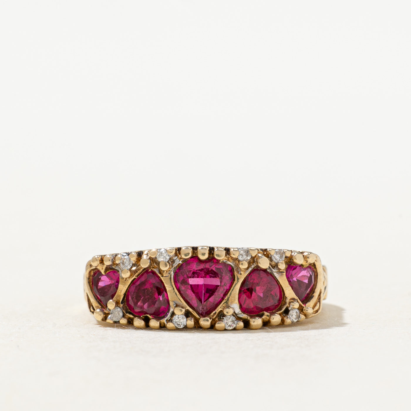 Five Stone Heart Cut Synthetic Ruby & Diamond "I Love You" Ring | 1.0ctw, 0.01ctw | SZ 6.25 |