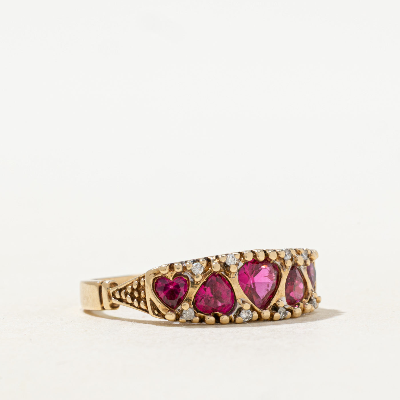 Five Stone Heart Cut Synthetic Ruby & Diamond "I Love You" Ring | 1.0ctw, 0.01ctw | SZ 6.25 |