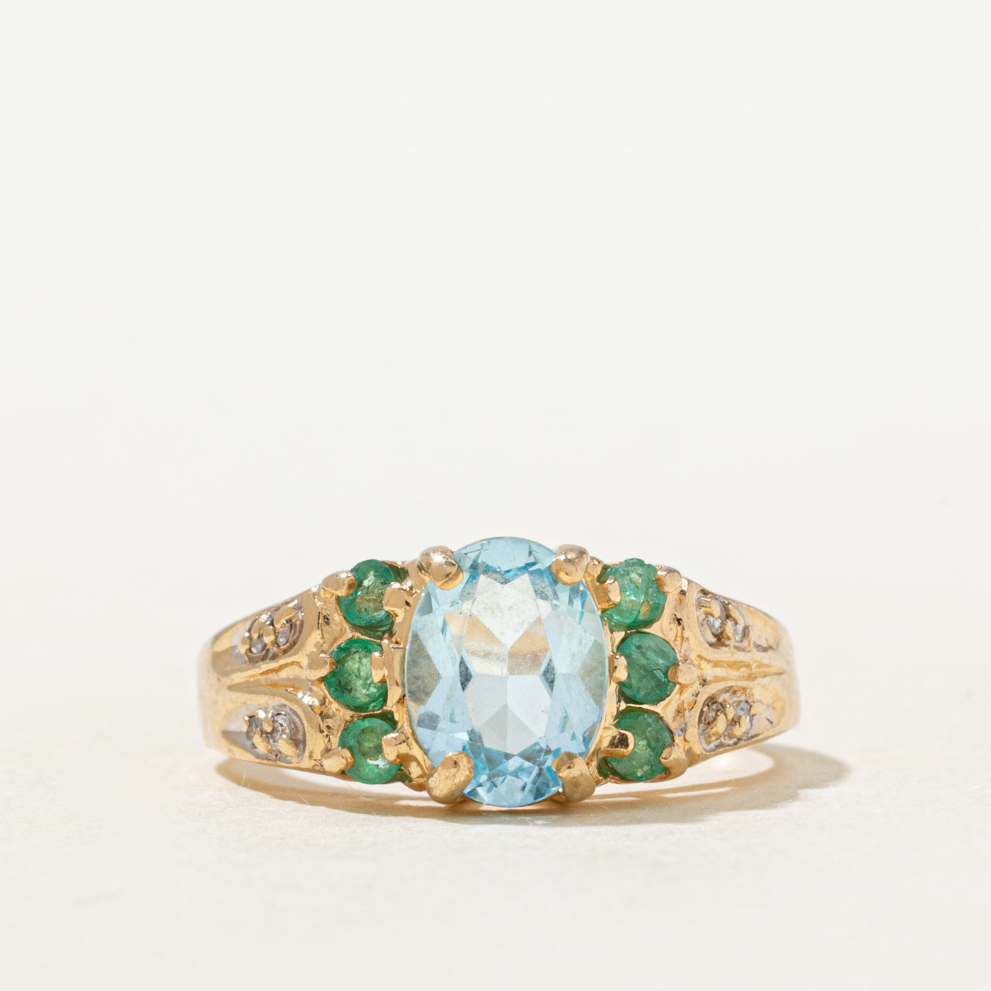 Blue Topaz, Emerald & Diamond Ring | 1.3ctw, 0.04ctw | SZ 4.75 |