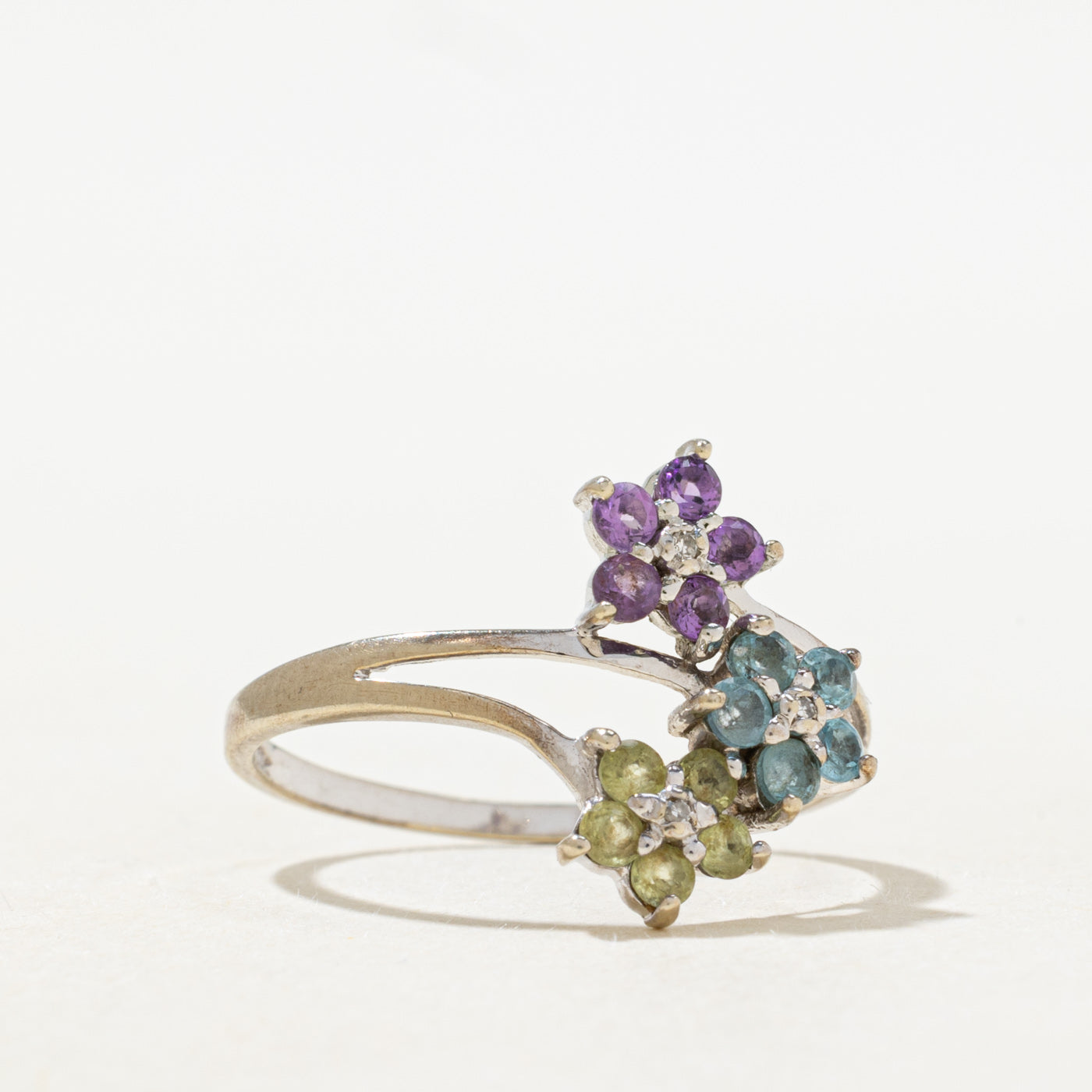 Multi Gem & Diamond Floral Bypass Ring | SZ 7.25 |