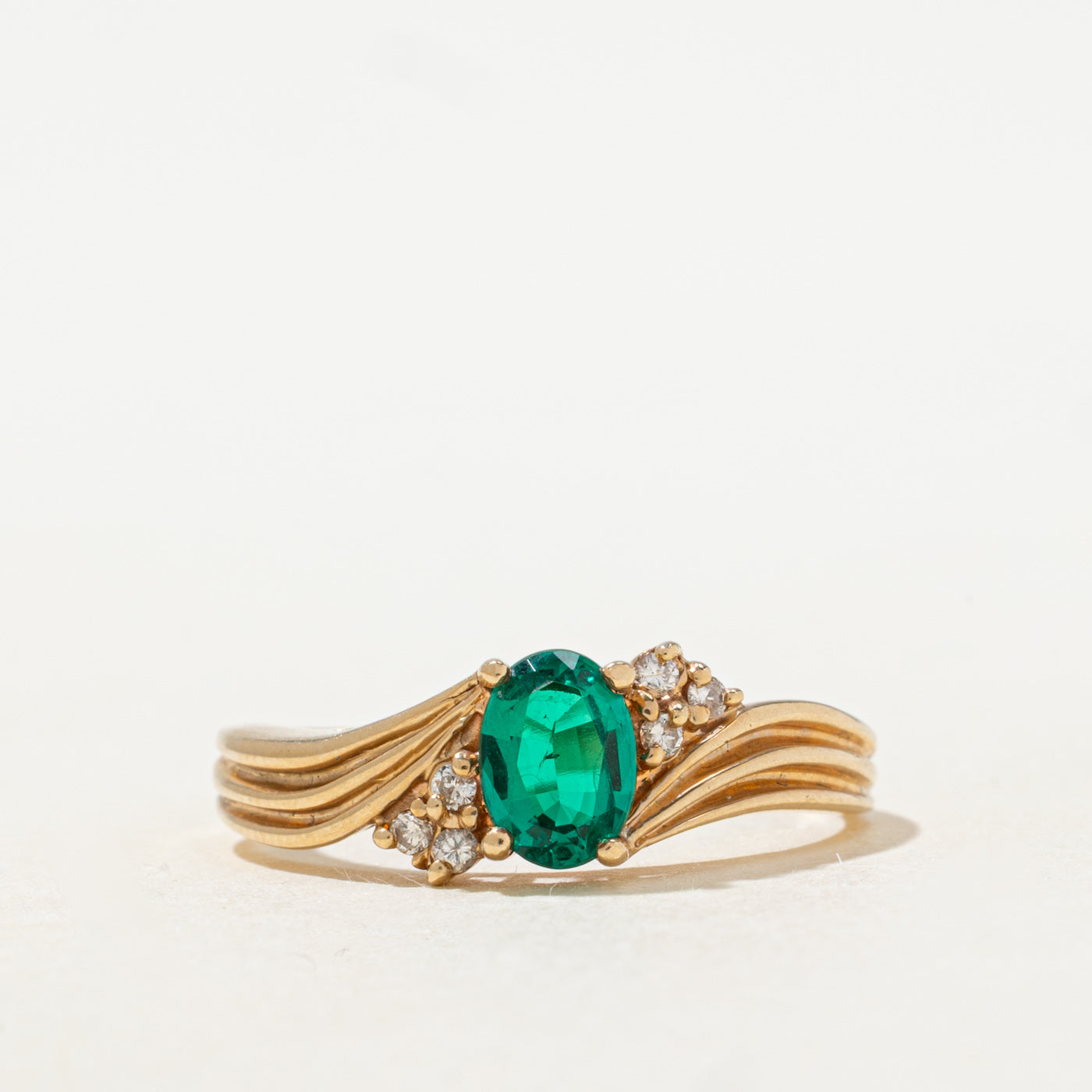 Synthetic Emerald & Diamond Grooved Bypass Ring | SZ 9.25 |