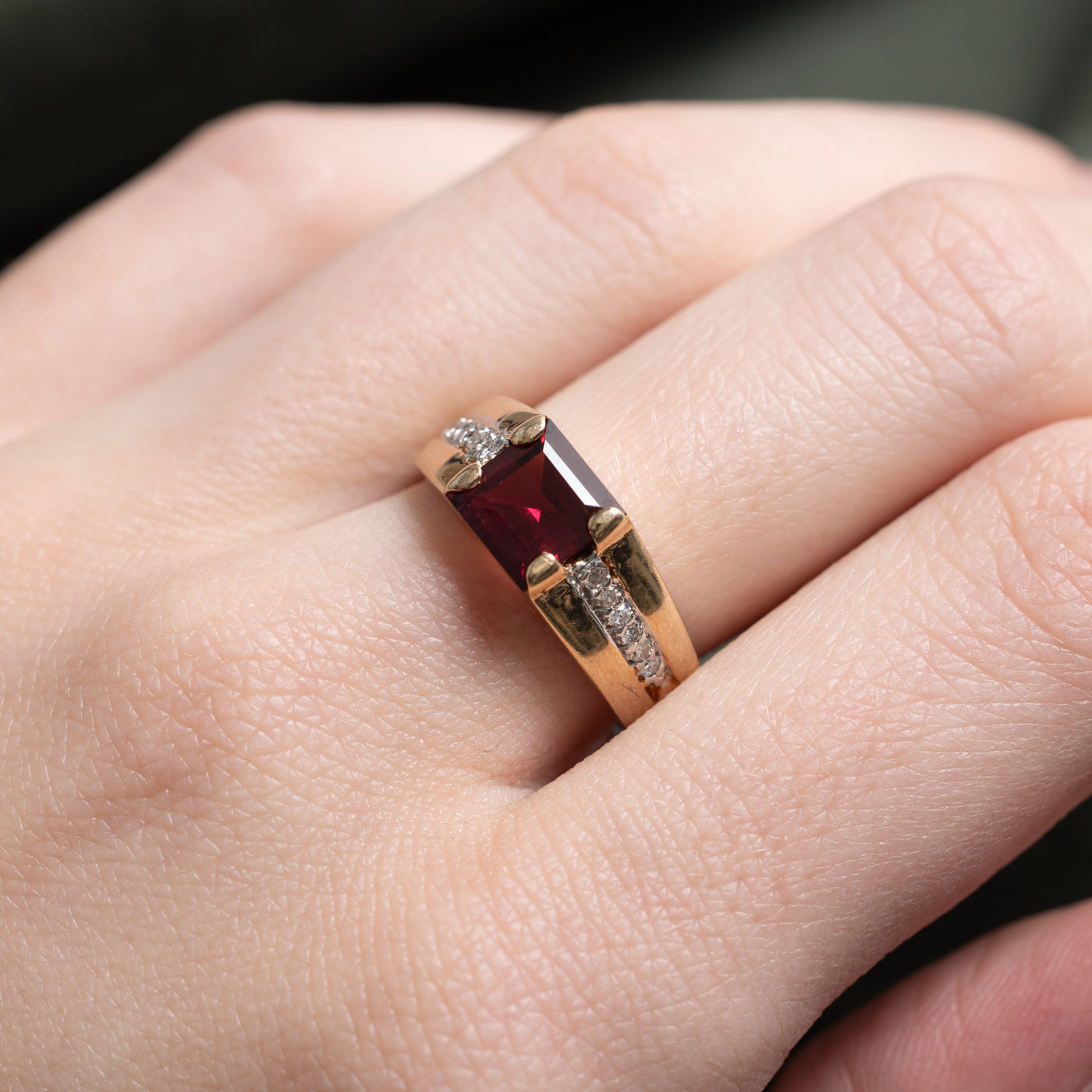 Square Cut Garnet & Diamond Chunky Ring | 1.7ct, 0.09ctw | SZ 7.0 |