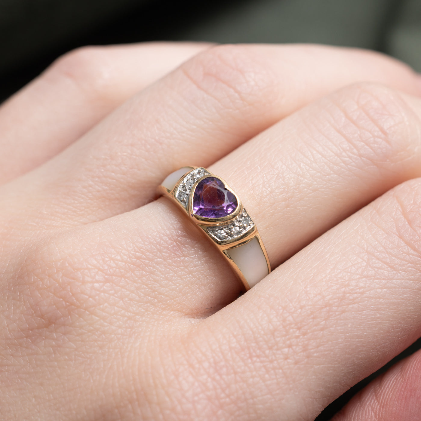 'Alfred Sung' Bezel Set Heart Cut Amethyst, Pearl & Diamond Ring | 0.5ct, 0.03ctw | SZ 6.0 |