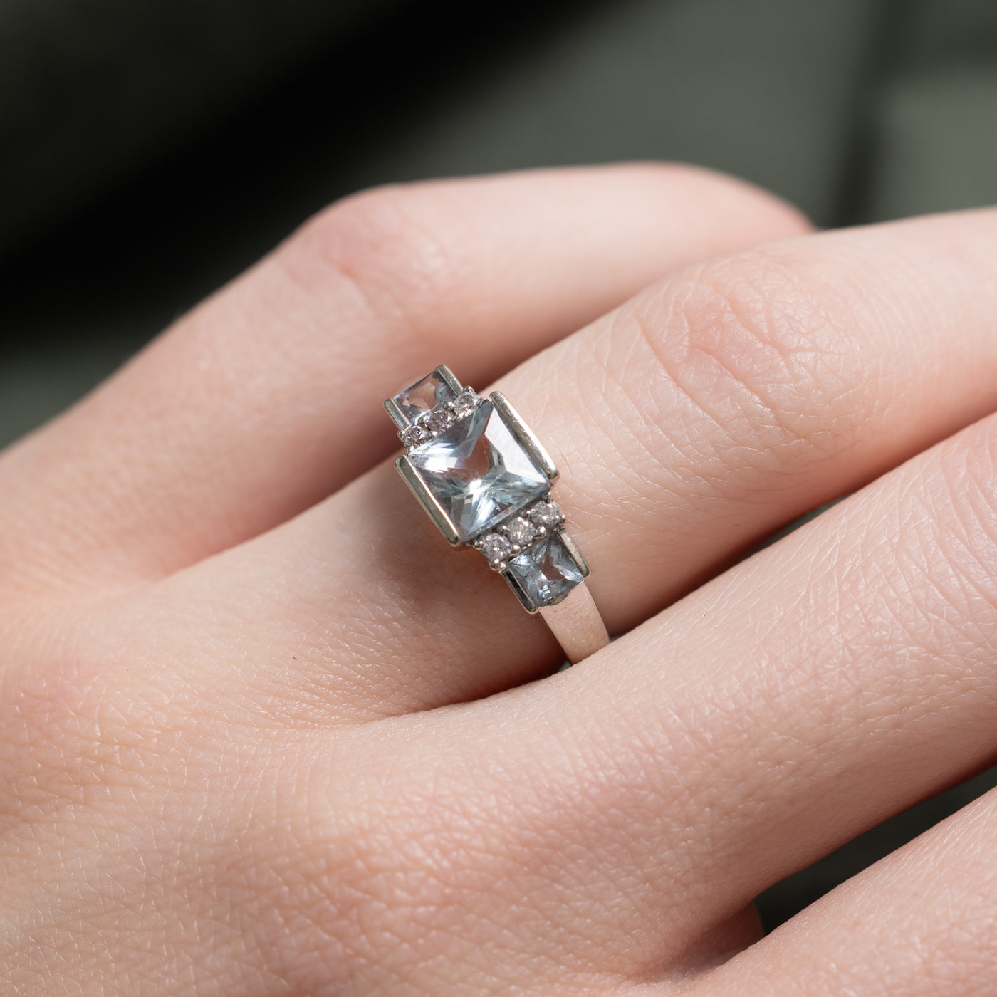 Three Stone Semi Bezel Aquamarine & Diamond Ring | 1.0ctw, 0.06ctw | SZ 5.0 |